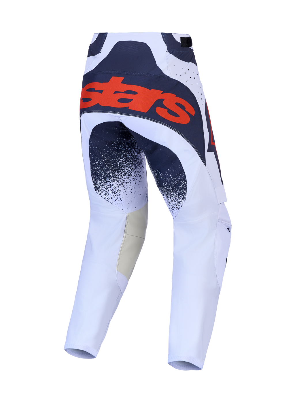 Alpinestars Techstar Swan Motocross Pants in light lilac and dark gray, showing the rear with a bold red fluo logo.