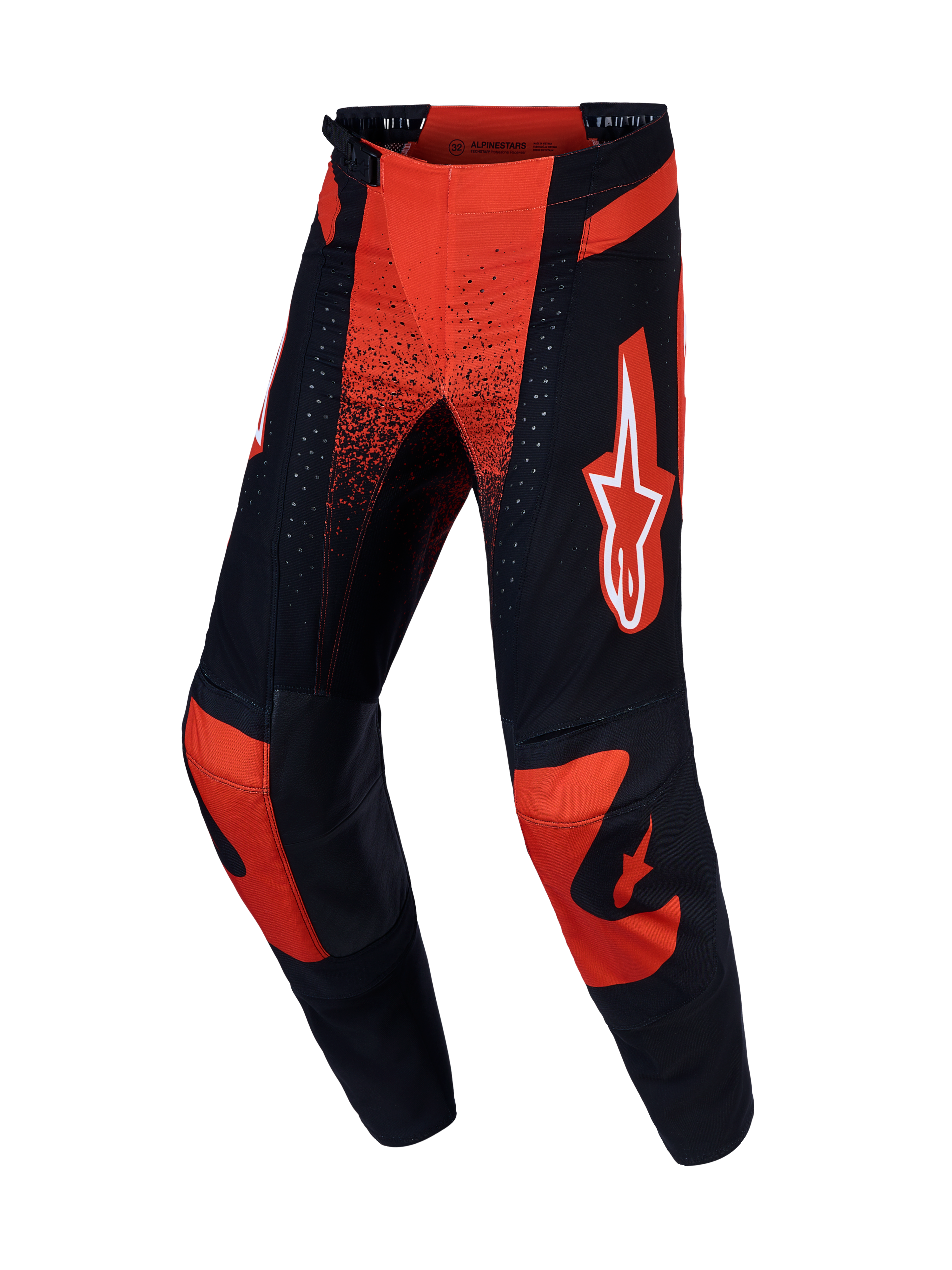 Alpinestars Techstar Swan motorcrossbroek, rood en zwart, met stretchmateriaal en geitenleren knieën voor mobiliteit.