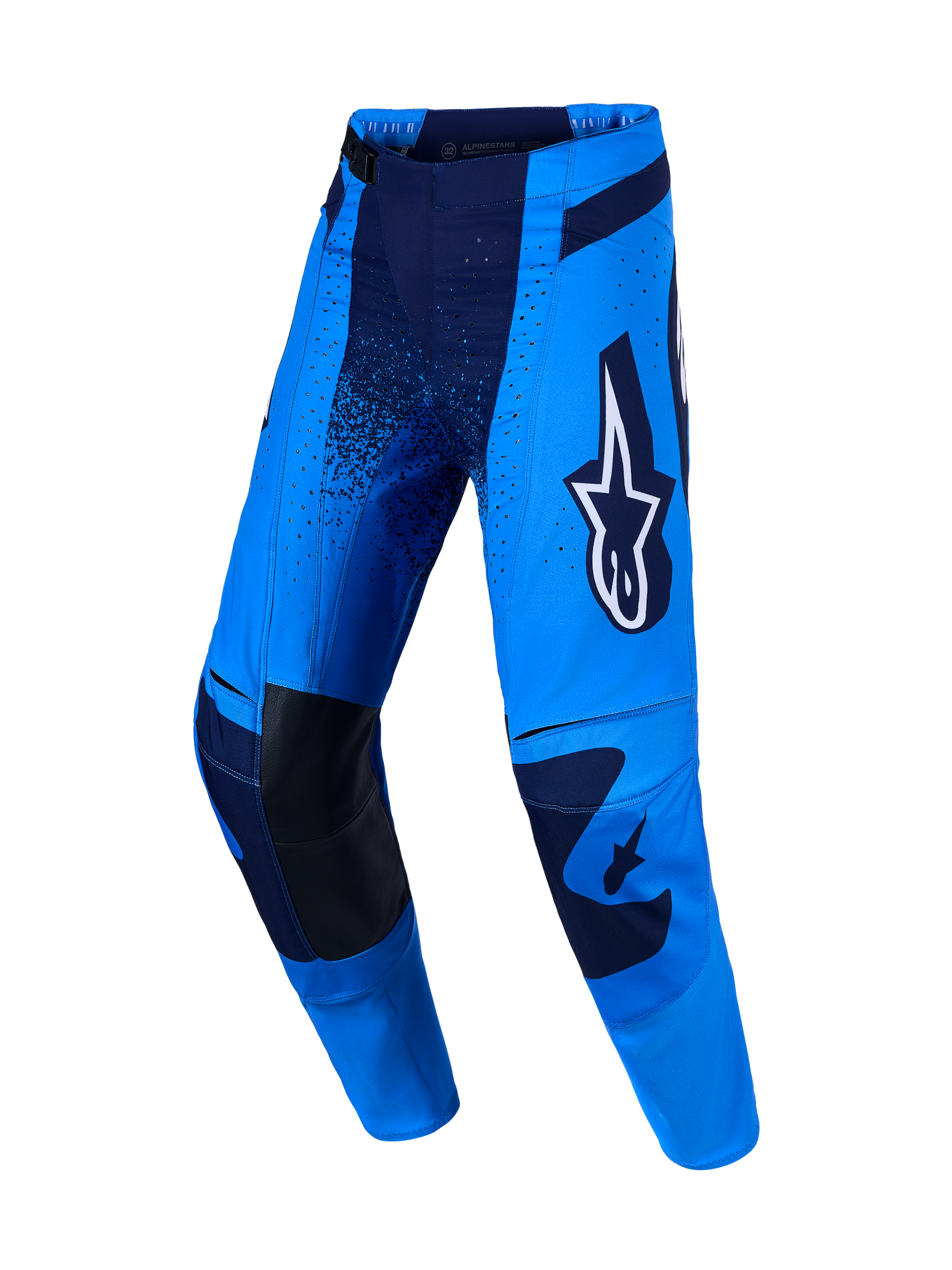 Alpinestars Techstar Swan Hose, professionelle Motocross-Rennhose in Blau und Dunkelblau mit verstärkten Lederknien.