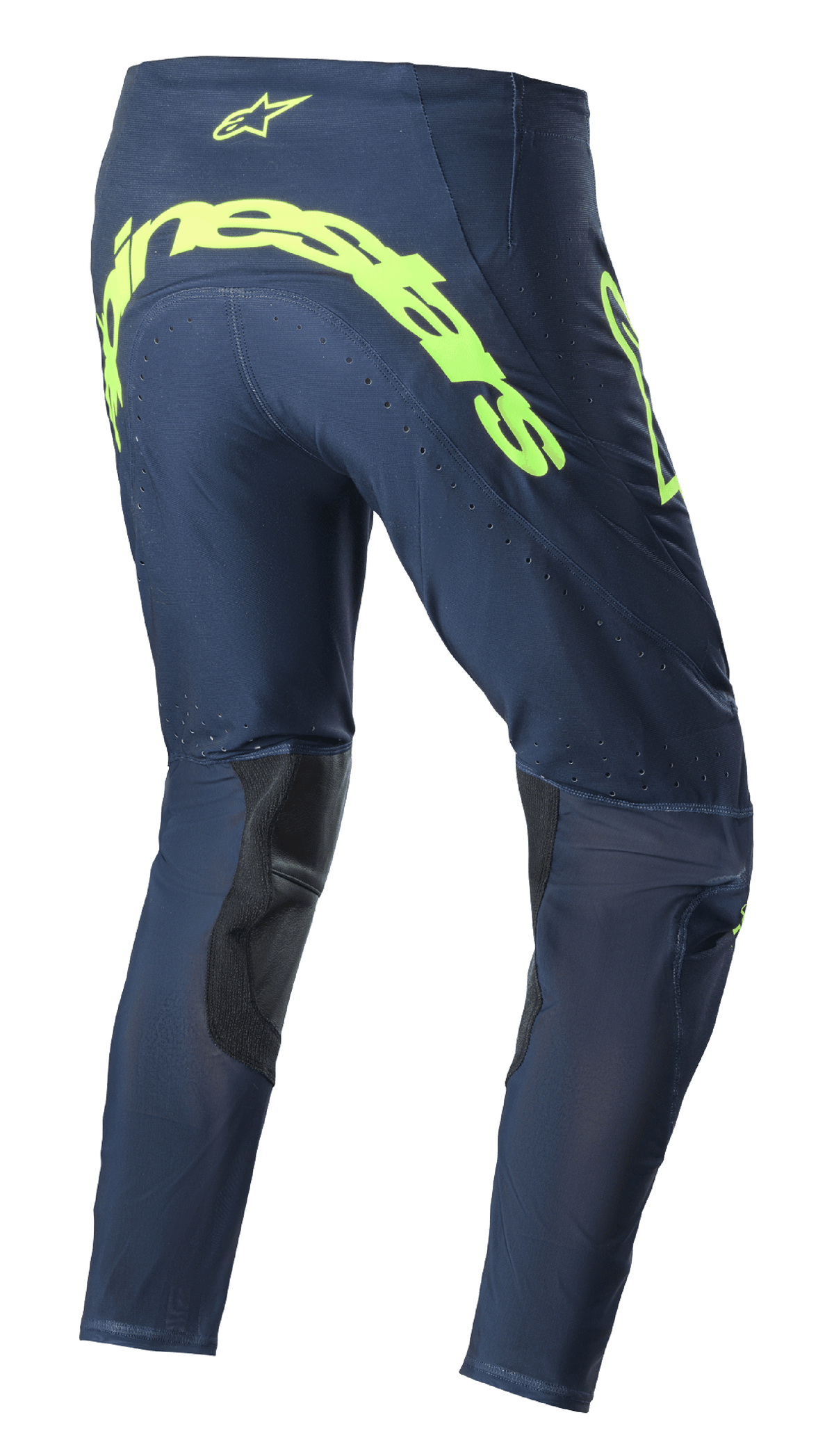 Alpinestars 2023 Supertech Bruin Hose, Motocross-Hose, Night Navy und Yellow Fluo, Rückansicht mit großem neongelben Alpinestars-Branding auf dem Gesäß, perforierten Belüftungszonen und schwarzen Verstärkungen an der Beininnenseite