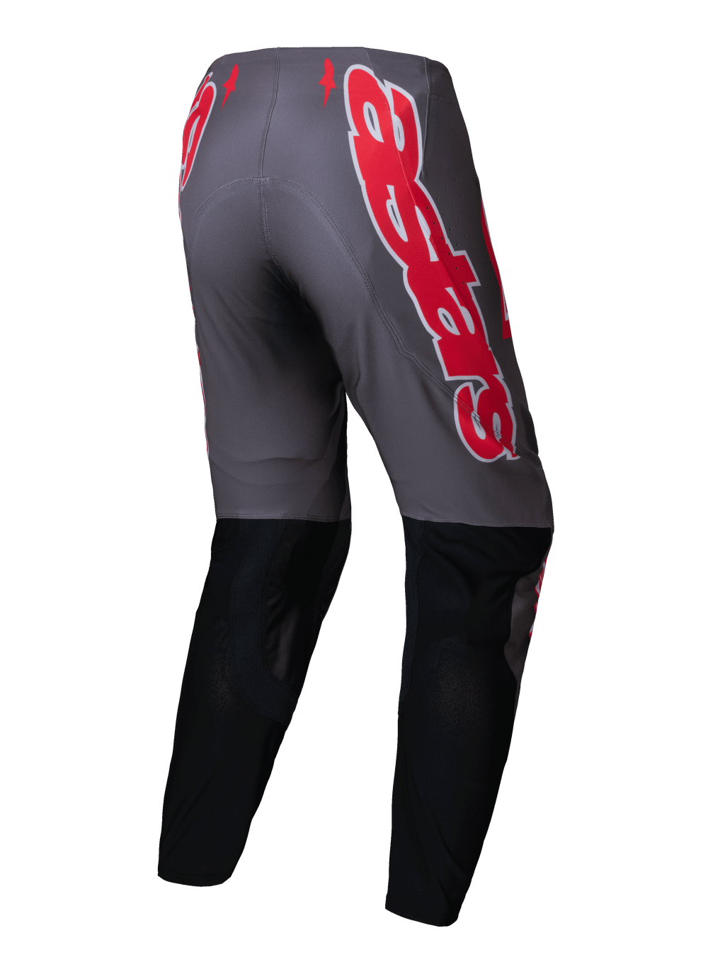 Alpinestars Supertech Lipan Broek 2025, heren motocrossbroek, rookgrijs en helderrood met zwarte onderbenen, stretch ripstop-constructie, achteraanzicht