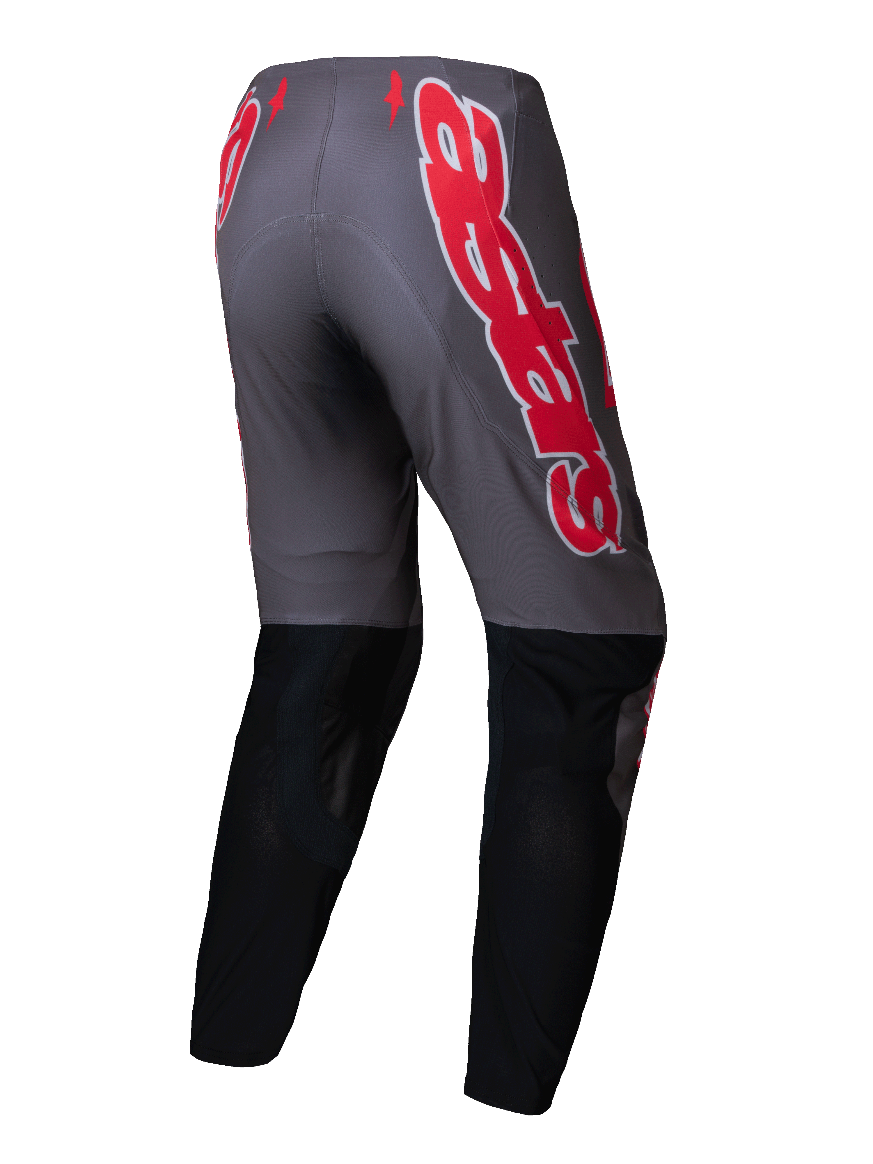 Alpinestars Supertech Lipan Broek 2025, heren motocrossbroek, rookgrijs en helderrood met zwarte onderbenen, stretch ripstop-constructie, achteraanzicht