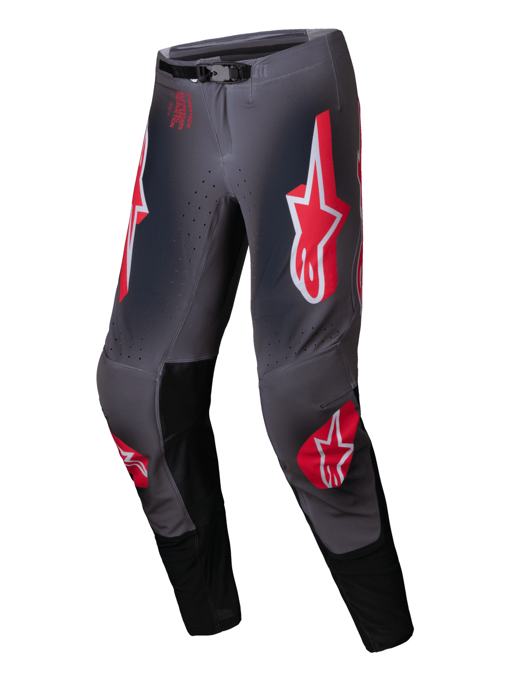 Alpinestars Supertech Lipan Broek 2025, motorcross broek voor heren, grijs en rood, stretch ripstop constructie met lederen kniepanelen en SX1 magnetische gesp