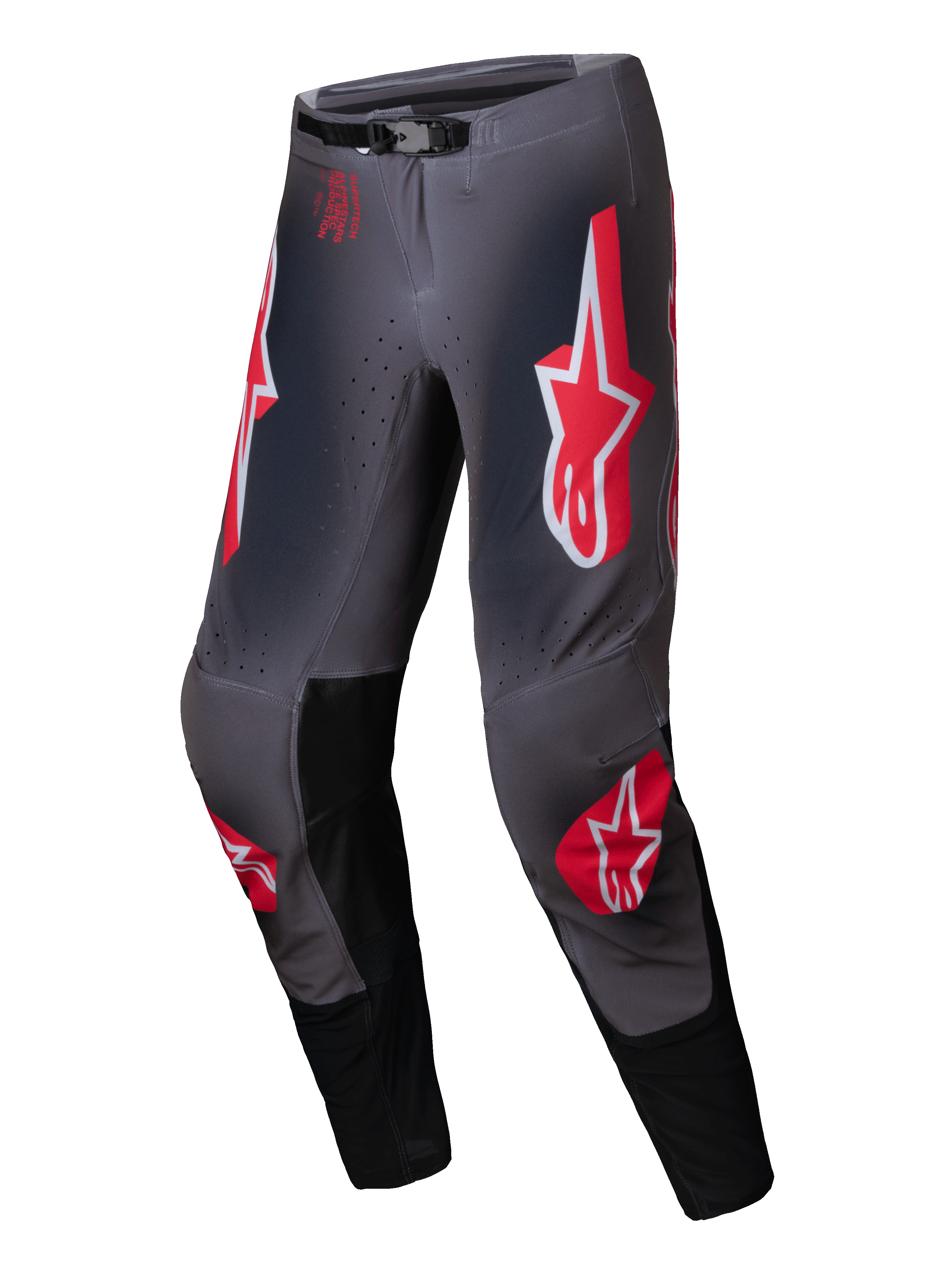 Alpinestars Supertech Lipan Broek 2025, motorcross broek voor heren, grijs en rood, stretch ripstop constructie met lederen kniepanelen en SX1 magnetische gesp