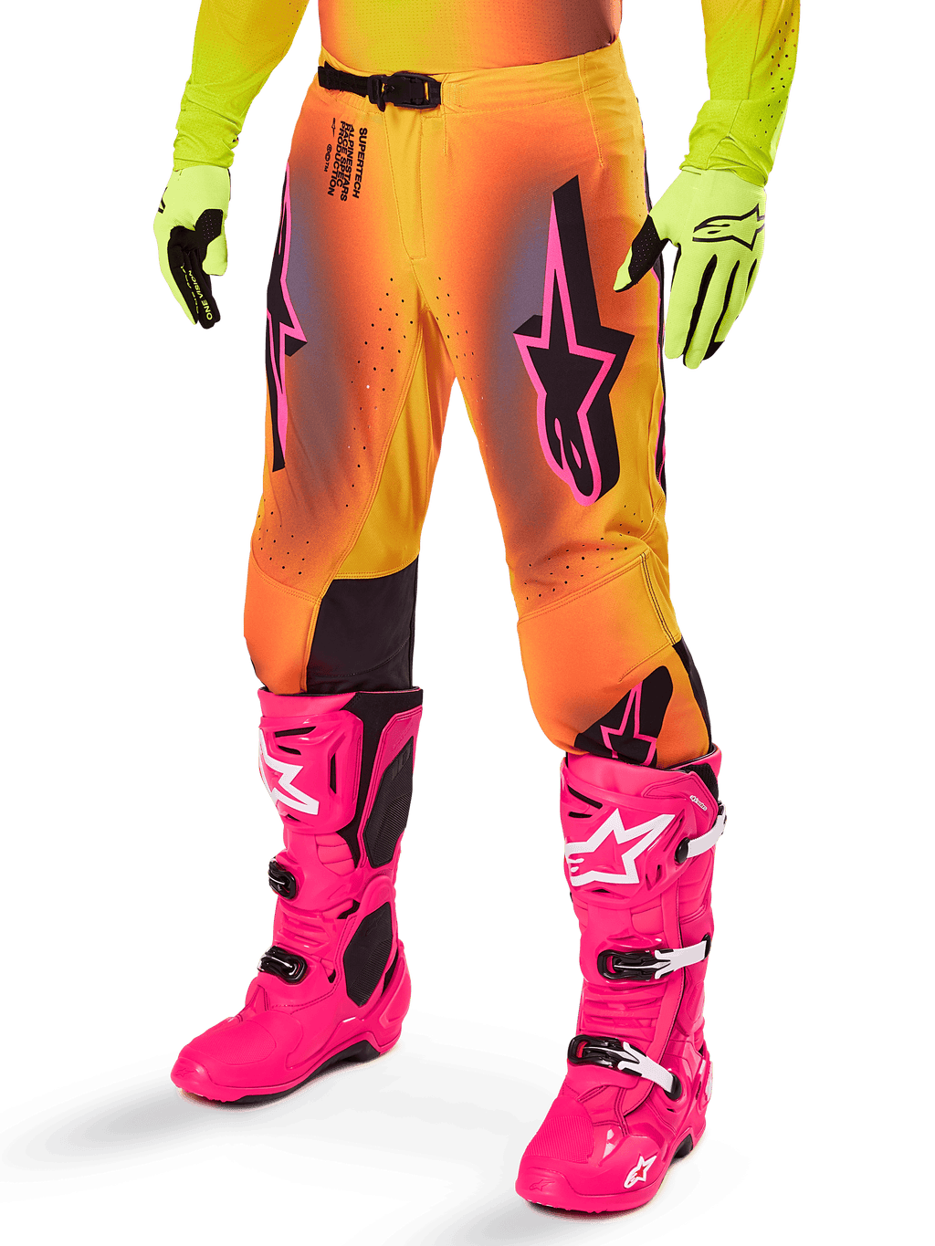 Alpinestars 2025 Supertech Lipan Ausrüstungsset, Motocross-Hose, gelb-oranger Farbverlauf mit Akzenten in Pink und Lila, markante schwarze Alpinestars-Logos auf den Oberschenkeln, gelbe Handschuhe und leuchtend pinke Motocross-Stiefel.