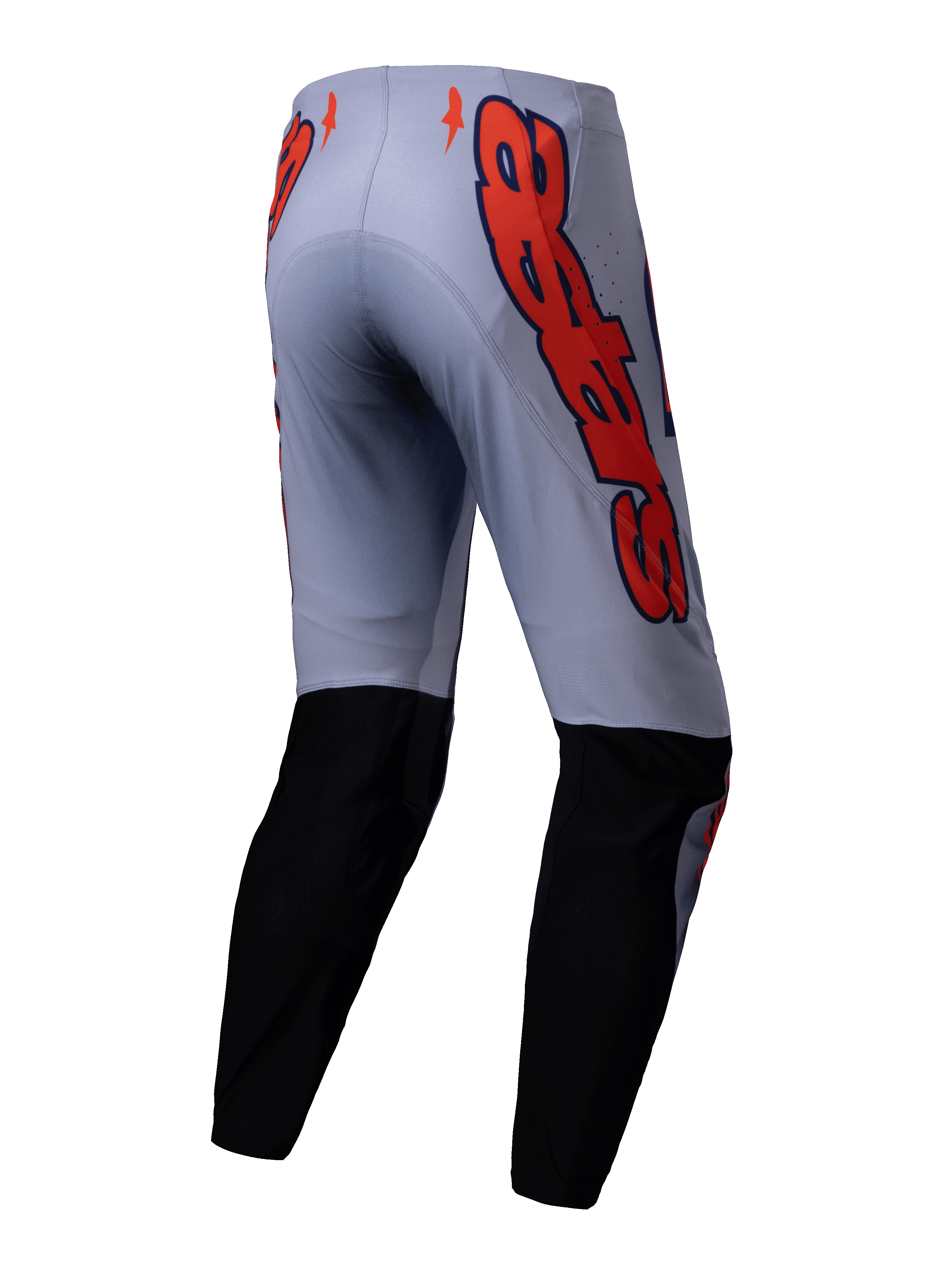 Alpinestars Supertech Lipan Pants 2025, pantalon de motocross, gris et orange fluo, vue arrière avec empiècements noirs au bas des jambes et grands logos Alpinestars orange sur les hanches, coupe athlétique pour la course tout-terrain