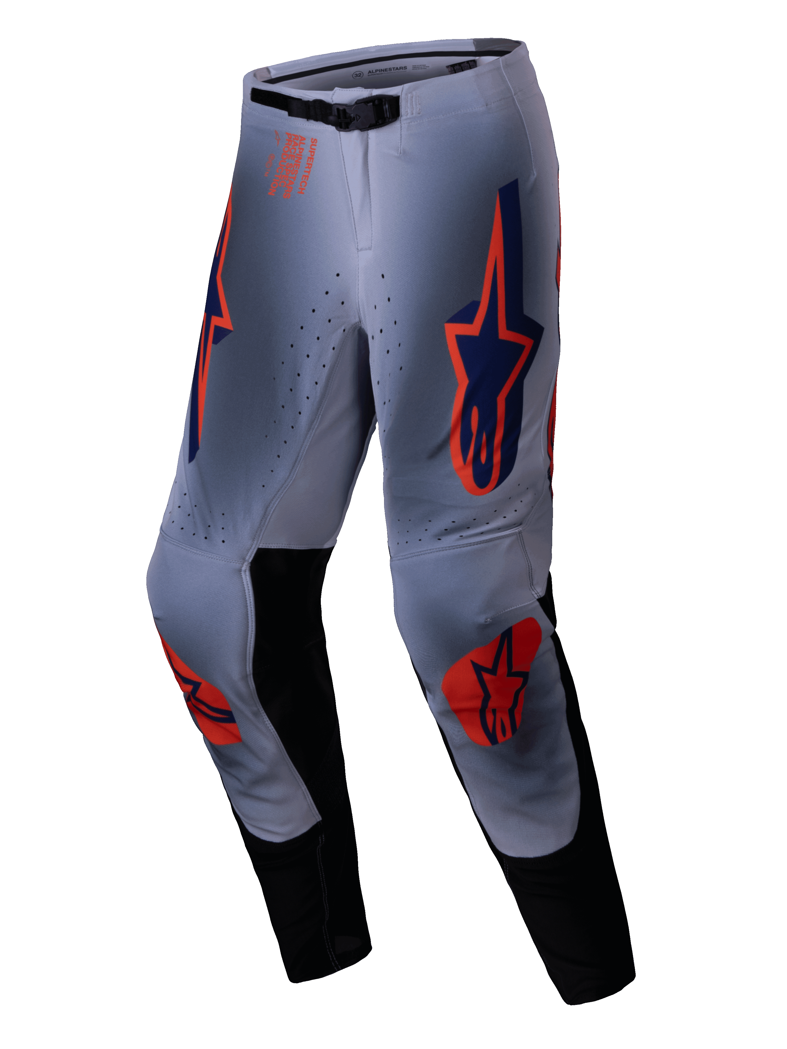 Alpinestars Supertech Lipan Pants 2025, pantalon de motocross, gris et orange fluo, avec logos étoiles orange vif et bleu marine sur les cuisses et les genoux, panneaux intérieurs noirs et ceinture ajustable, conçu pour des performances tout-terrain de niveau professionnel