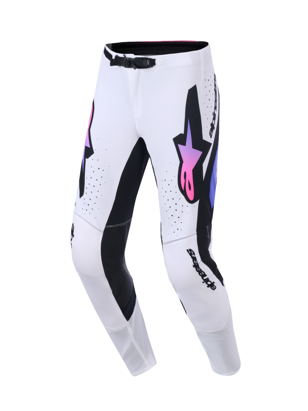 Alpinestars 2026 Supertech AFD Vista Pants, Motocross Pants, White Purple and Black, front view featuring bold Alpinestars logos with a purple and pink gradient, black inner leg panels, laser-cut ventilation holes, and an athletic racing fit.