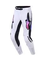 Alpinestars 2026 Supertech AFD Vista Pants, Motocross Pants, White Purple and Black, featuring a large black Astars logo with a pink and purple gradient, black inner leg panels, and an SX1 magnetic waist buckle, designed for off-road racing performance.