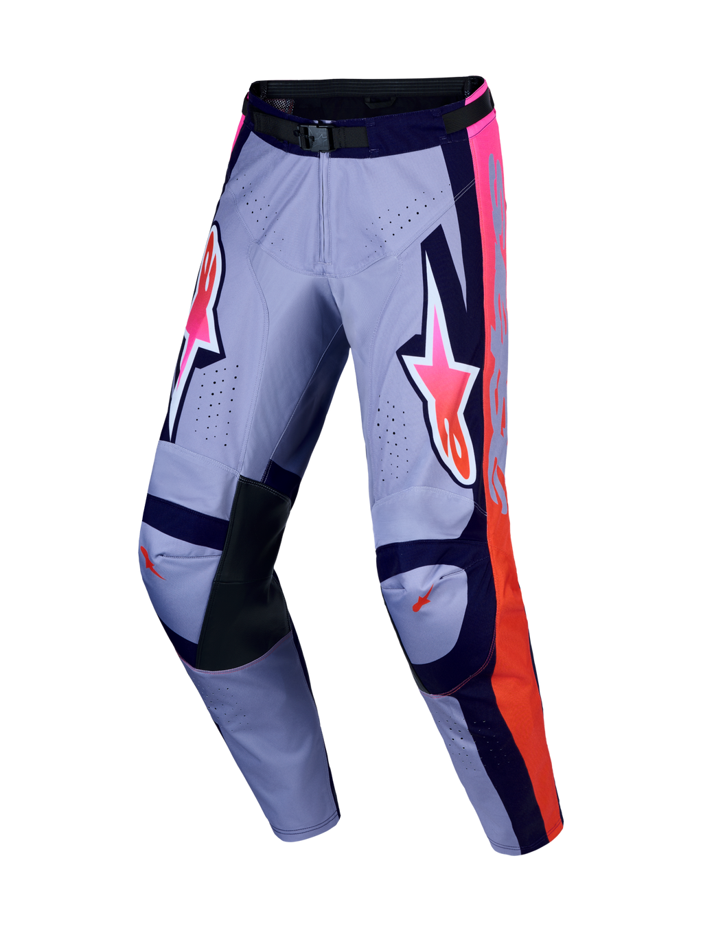 Alpinestars Racer Air Hunt motorcrossbroek in paars en fluo roze, met geventileerd polyweefsel en leren binnenknieën.