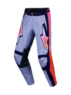 Alpinestars Racer Air Hunt motorcrossbroek in paars en fluo roze, met geventileerd polyweefsel en leren binnenknieën.