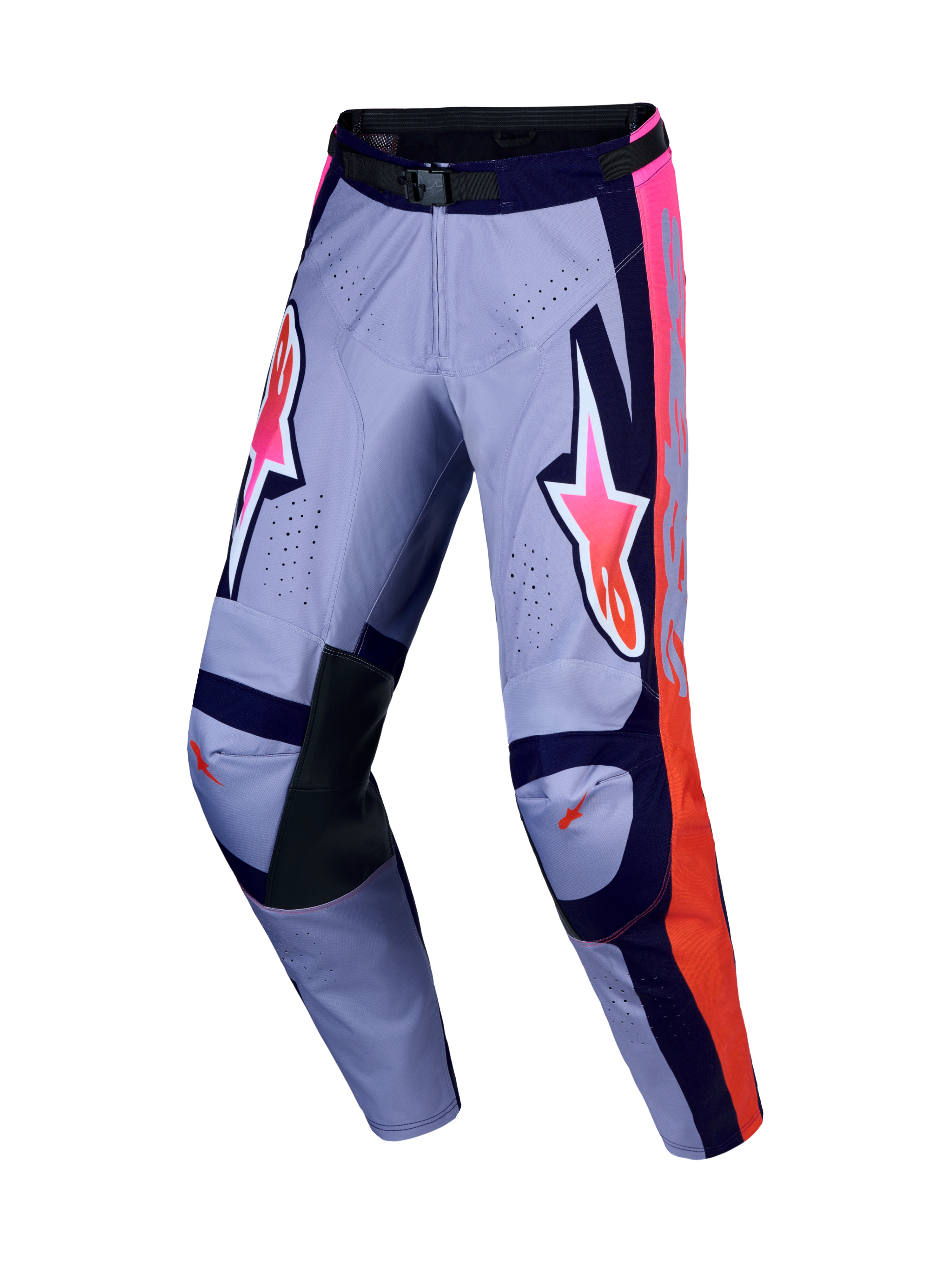 Alpinestars Racer Air Hunt motorcrossbroek in paars en fluo roze, met geventileerd polyweefsel en leren binnenknieën.