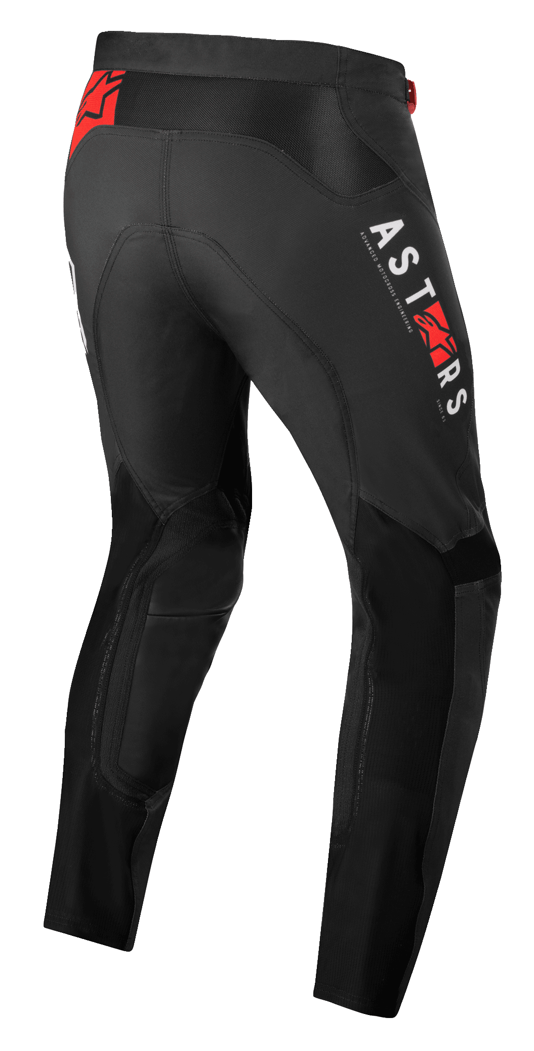 Alpinestars Supertech Foster broek, motorcrossbroek, zwart met witte verticale ASTARS-branding en rode ster-logo's, hoogwaardige textielconstructie met mesh-panelen voor ventilatie en bewegingsvrijheid.