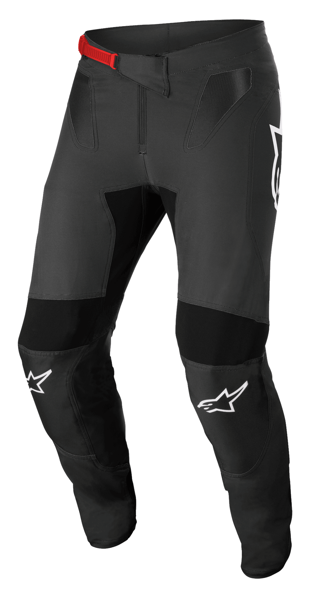 Alpinestars Supertech Foster Pants, motorcrossbroek, zwart en grijs, voorzien van een rode gesp, witte logo's op de knieën, versterkte knie- en dijbeenbescherming, geventileerde mesh-panelen en een nauwsluitend ontwerp voor actief rijden