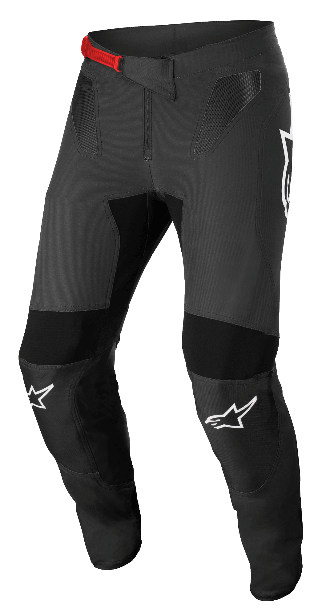 Alpinestars Supertech Foster Pants, motorcrossbroek, zwart en grijs, voorzien van een rode gesp, witte logo's op de knieën, versterkte knie- en dijbeenbescherming, geventileerde mesh-panelen en een nauwsluitend ontwerp voor actief rijden