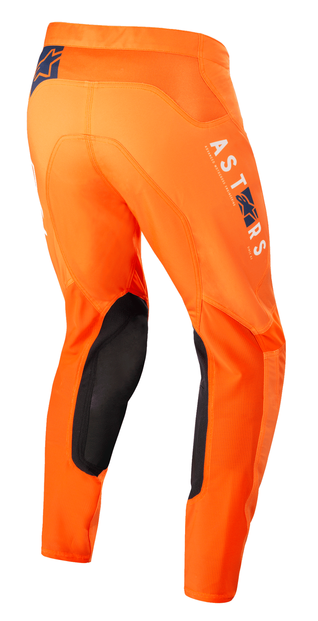 Alpinestars Supertech Foster crossbroek, motorcross broek, oranje, met zwarte panelen aan de binnenkant van de knie, witte en blauwe ASTARS-branding op de pijp, geavanceerde stretch ripstop-constructie, achteraanzicht vanaf de zijkant