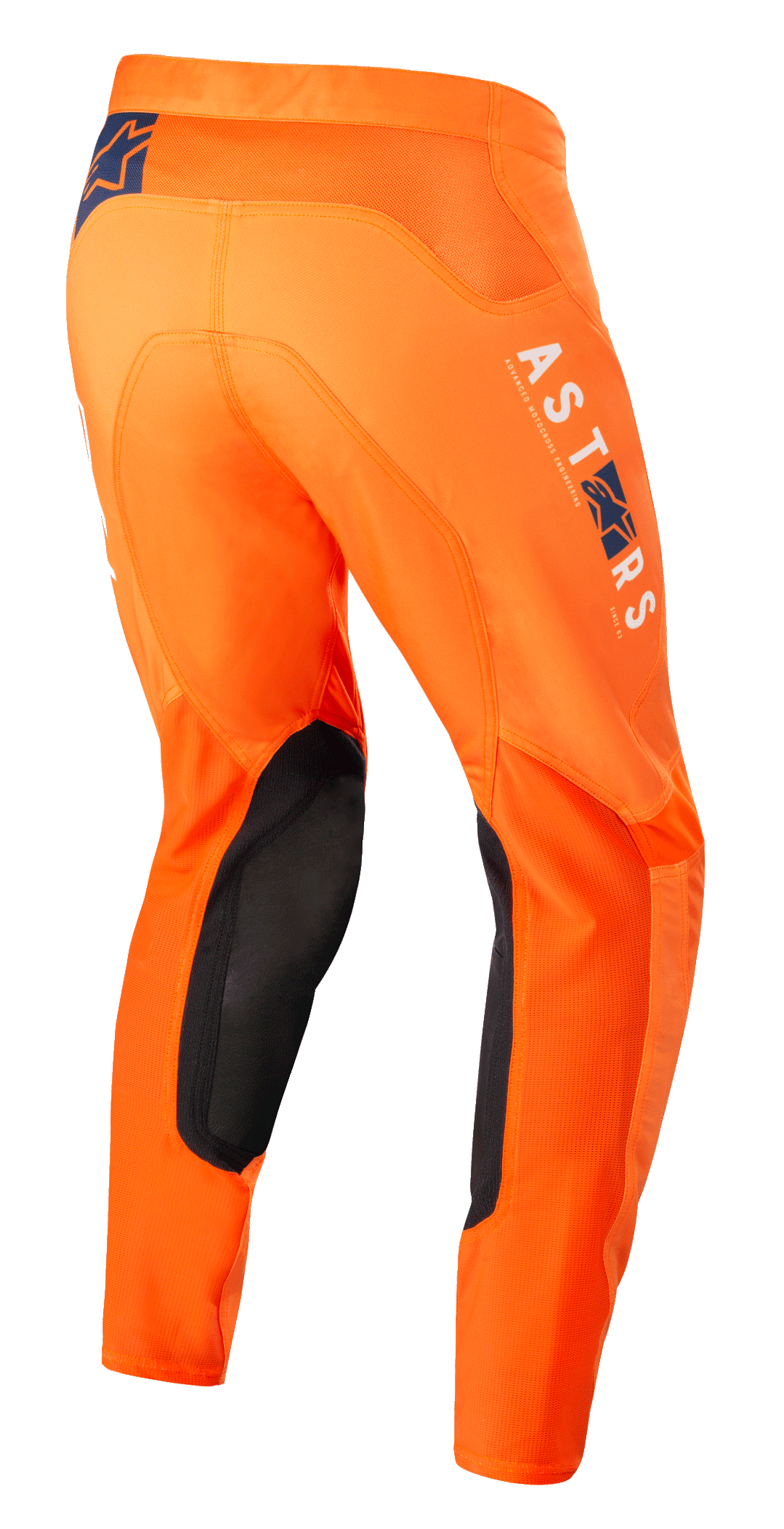Alpinestars Supertech Foster crossbroek, motorcross broek, oranje, met zwarte panelen aan de binnenkant van de knie, witte en blauwe ASTARS-branding op de pijp, geavanceerde stretch ripstop-constructie, achteraanzicht vanaf de zijkant