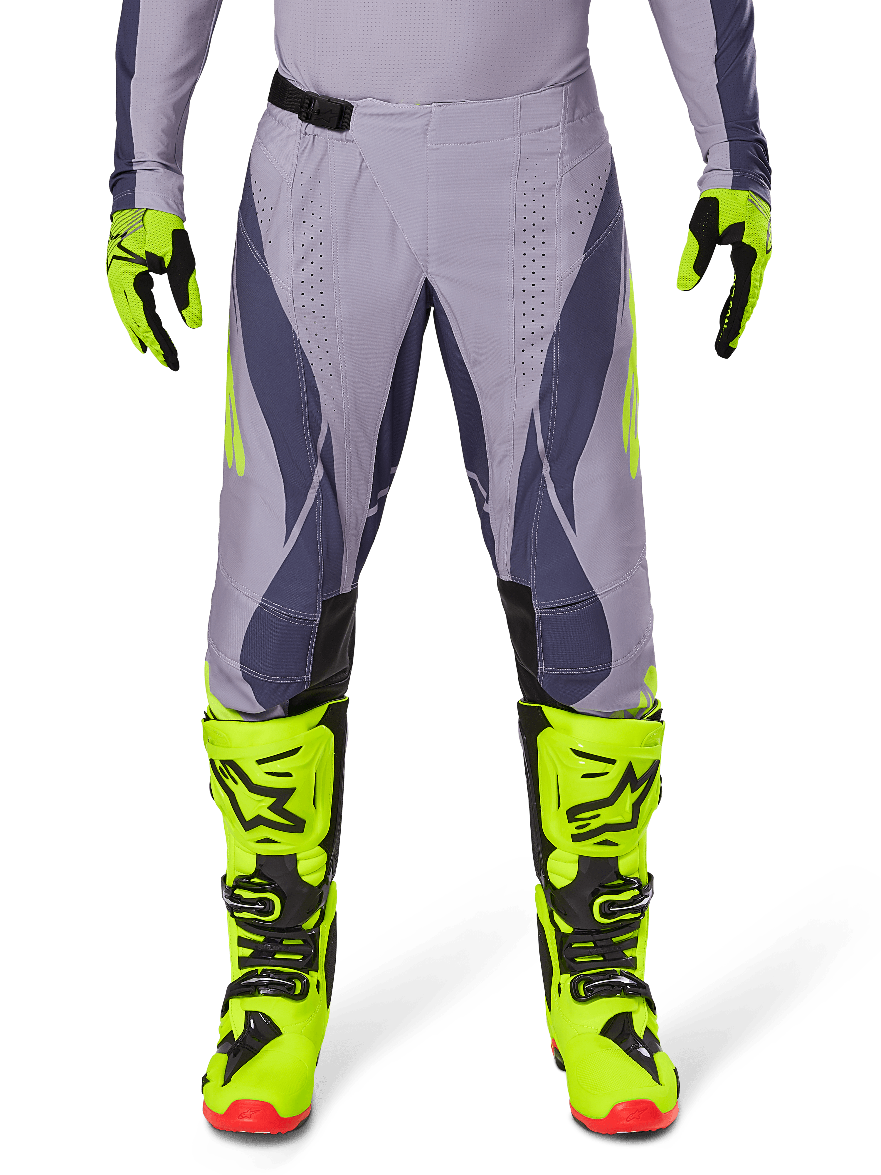 Alpinestars 2025 Techstar Dreem Hose, Motocross-Hose, Hellgrau und Dunkelgrau mit neongelben Akzenten, kombiniert mit neongelben Stiefeln und Handschuhen, lasergeschnittene Belüftung, schwarze Schnallen, rote Stiefelsohlen, professionelle Motocross-Ausrüstung
