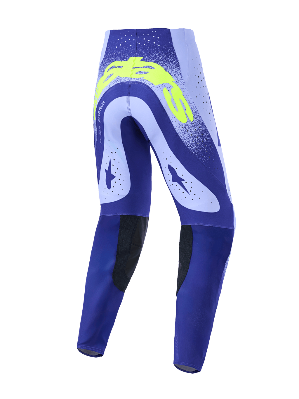 Alpinestars 2026 Supertech Scenz Hose, Motocross-Hose, Lila und Neongelb, Rückansicht mit technischem Design, lasergeschnittenen Perforationen, markantem neongelbem Branding auf der Rückseite und schwarzen strapazierfähigen Knieinnenseiten