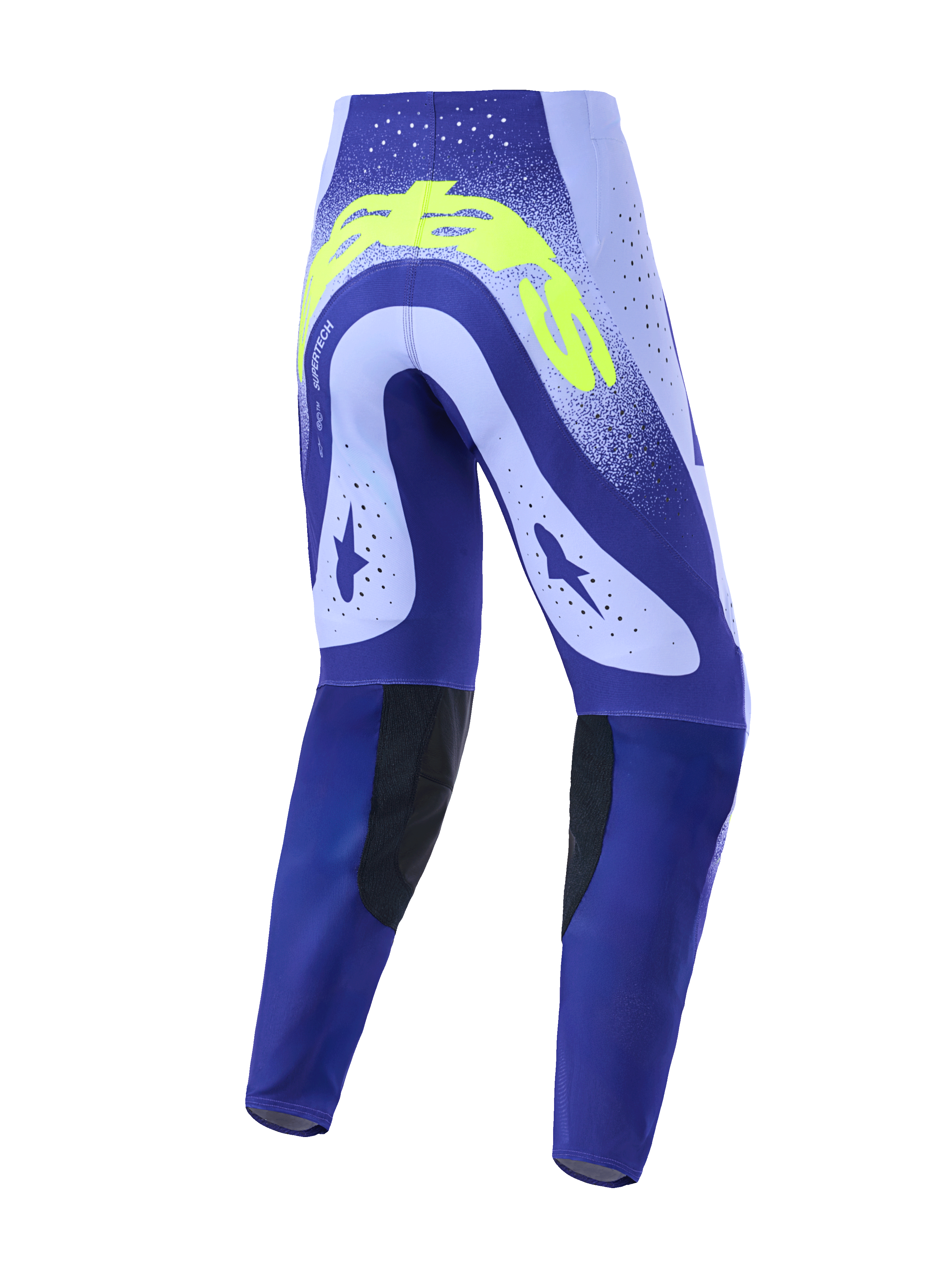 Alpinestars 2026 Supertech Scenz Hose, Motocross-Hose, Lila und Neongelb, Rückansicht mit technischem Design, lasergeschnittenen Perforationen, markantem neongelbem Branding auf der Rückseite und schwarzen strapazierfähigen Knieinnenseiten
