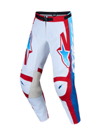 Alpinestars Racer Hunt broek en gear-set, heren motorcrossbroek voor off-road, wit en rood met blauwe accenten, geitenleren binnenknieën, duurzaam 600D-polyweefsel, ergonomische voorgevormde pijpen.