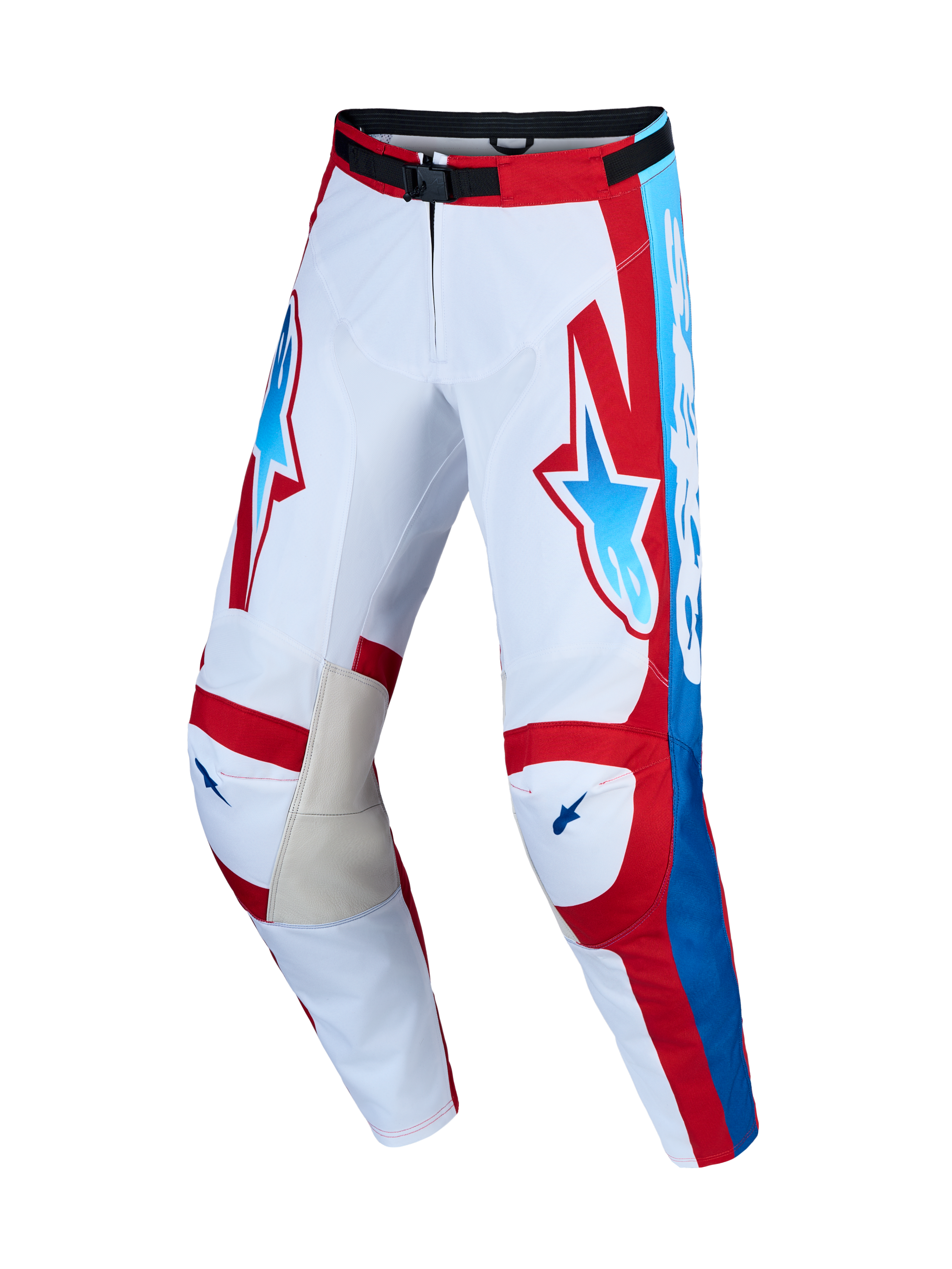 Alpinestars Racer Hunt broek en gear-set, heren motorcrossbroek voor off-road, wit en rood met blauwe accenten, geitenleren binnenknieën, duurzaam 600D-polyweefsel, ergonomische voorgevormde pijpen.