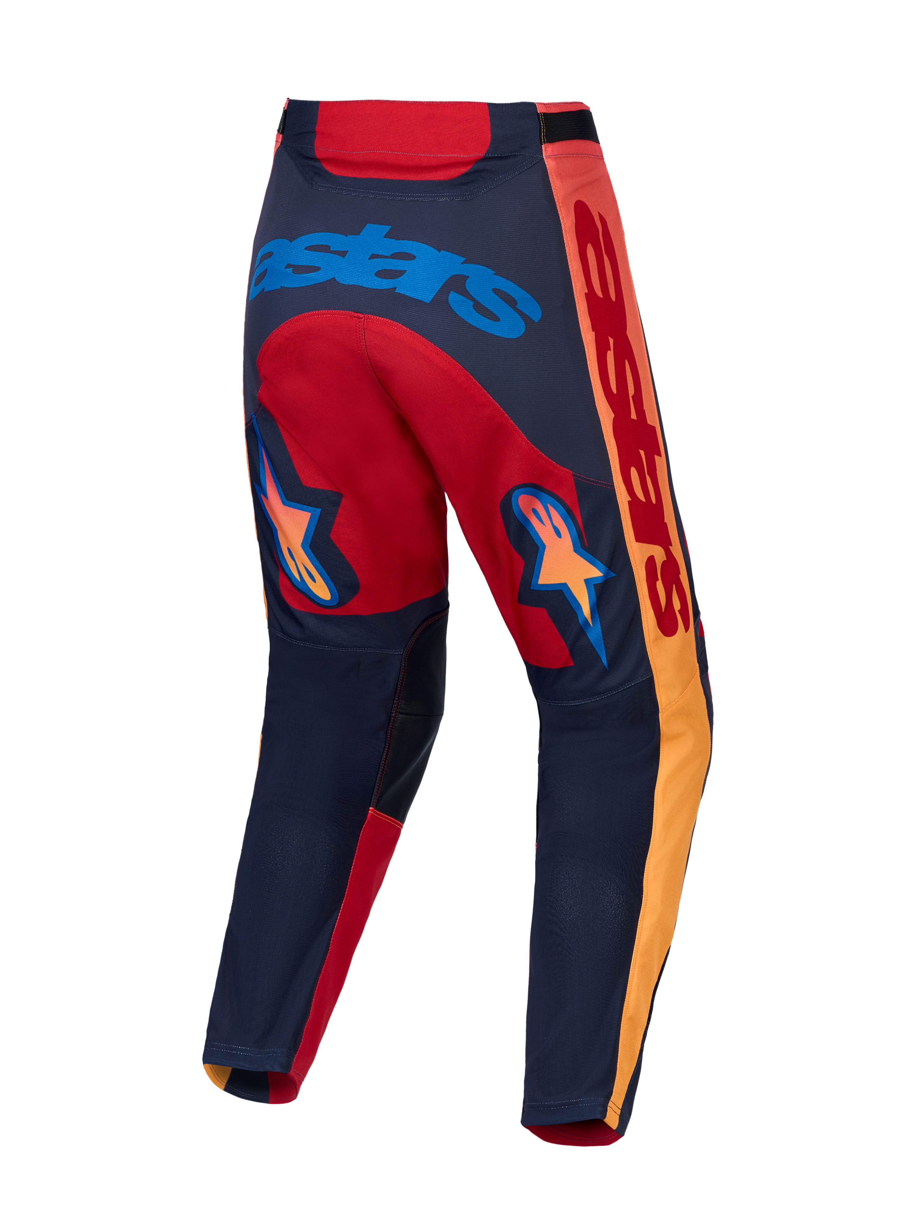 Alpinestars Racer Hunt Hose, Motocross-Hose in Rot und Grau, Rückansicht mit Stern-Grafiken und Stretch-Ripstop-Einsätzen.
