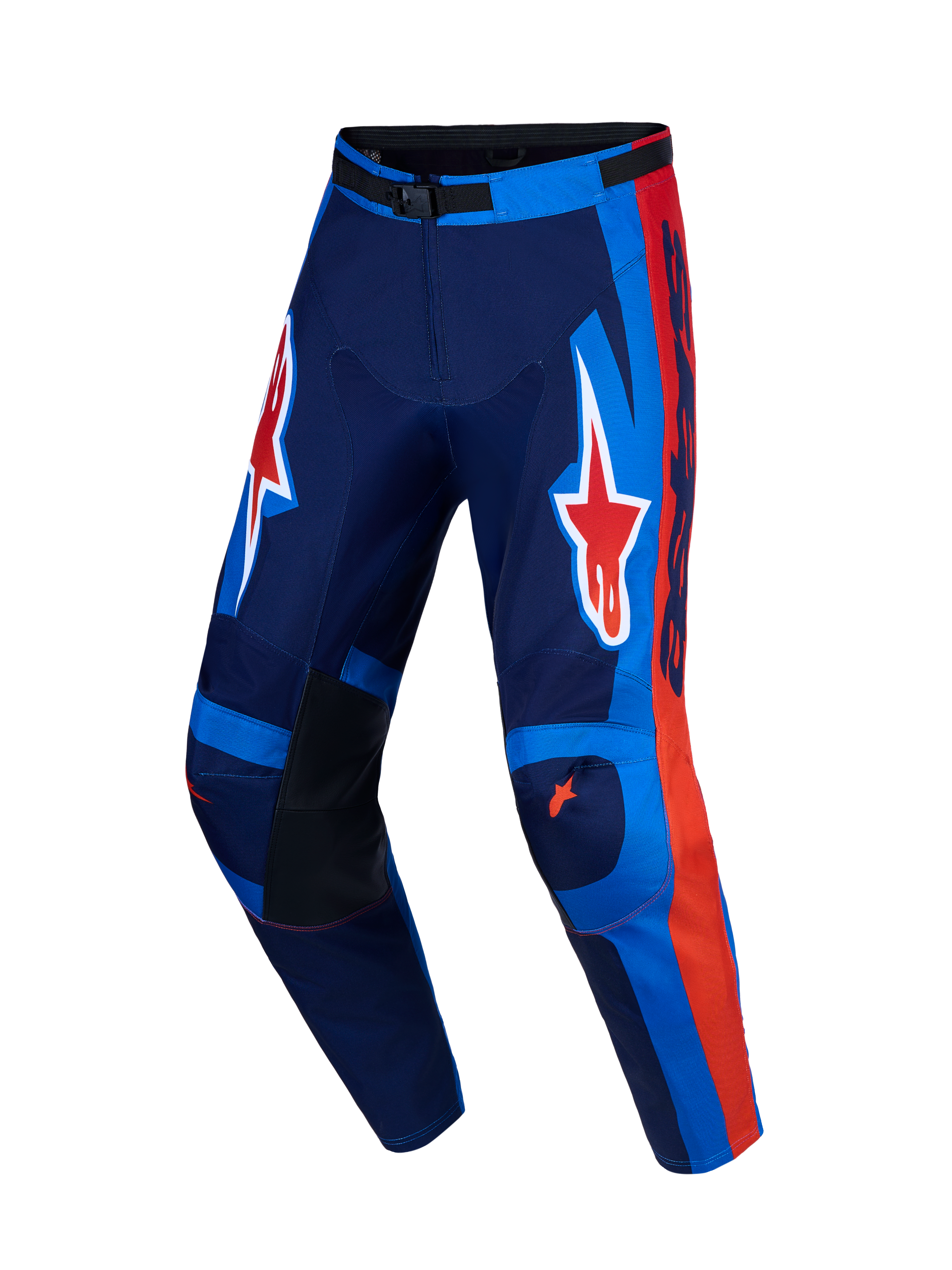 Alpinestars Racer Hunt broek, heren motocrossbroek voor off-road, blauw en rood, 600D polyfabric, voorgevormde pijpen.