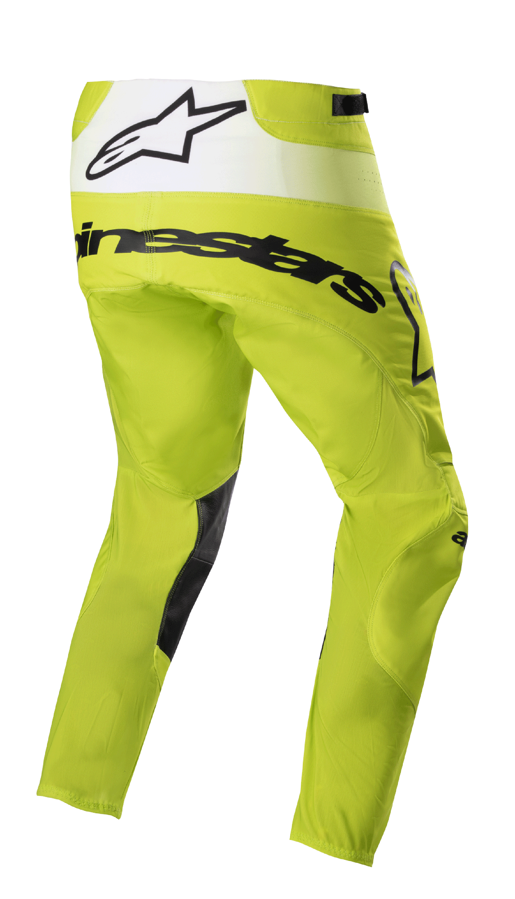 Alpinestars 2023 Techstar Push broek, motorcross broek, fluorgeel en wit, driekwart achteraanzicht met zwarte branding en wit achterpaneel met sterlogo, zwarte patches aan de binnenkant van de benen, duurzame off-road race-uitrusting