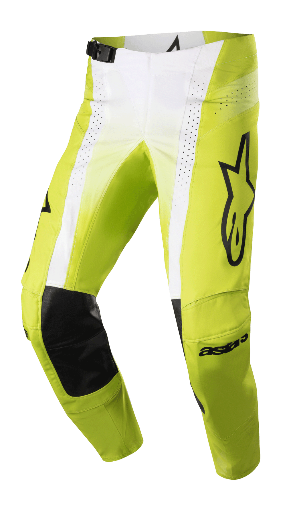 Alpinestars 2023 Techstar Push broek, motorcrossbroek, felgeel en wit met zwarte accenten, voorzien van zwarte lederen knieversterkingen aan de binnenzijde, geperforeerde ventilatiepanelen, groot zwart logo op de dij en een verstelbare gespsluiting in de taille, hoogwaardige off-road uitrusting