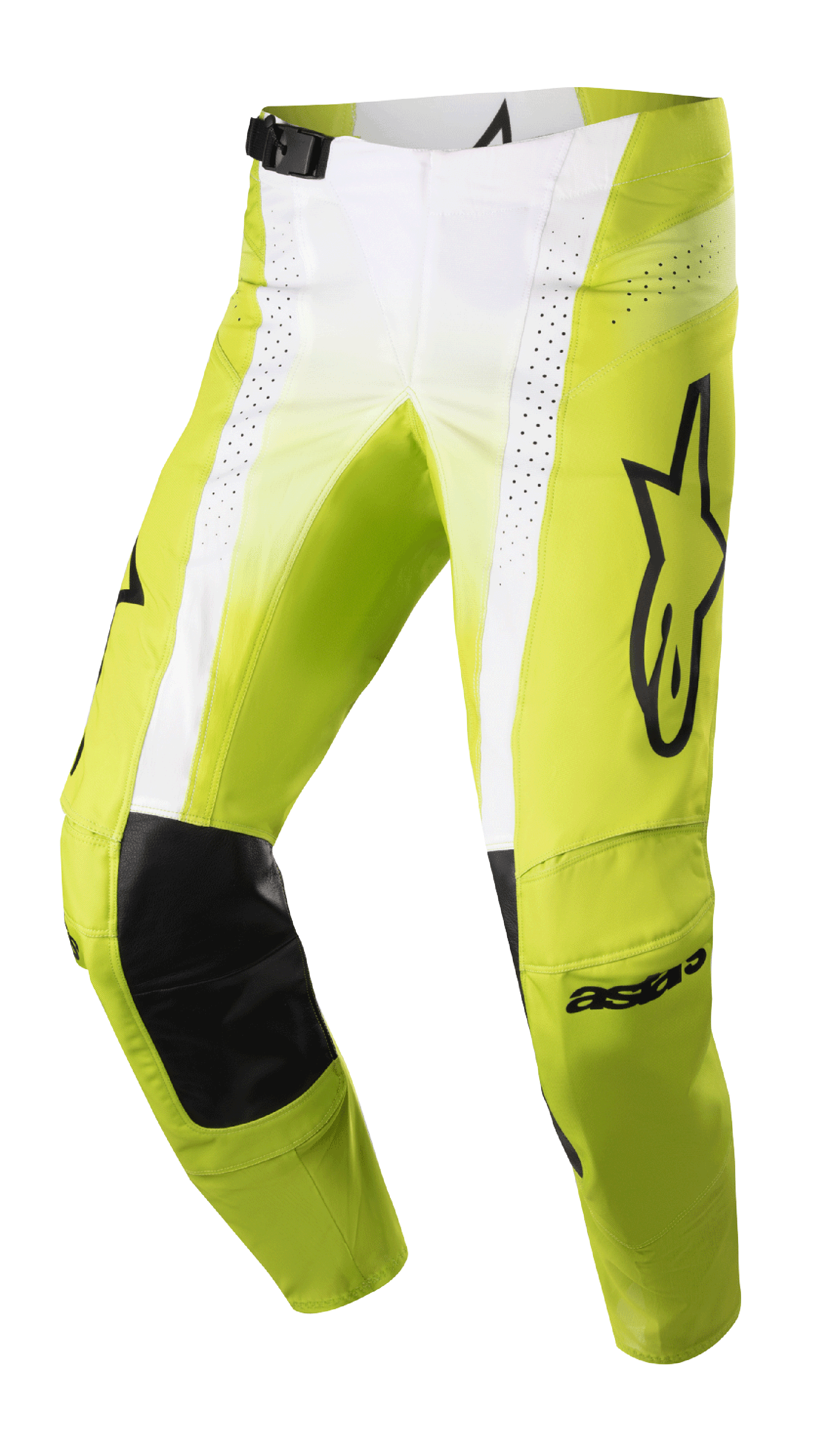 Alpinestars 2023 Techstar Push broek, motorcrossbroek, felgeel en wit met zwarte accenten, voorzien van zwarte lederen knieversterkingen aan de binnenzijde, geperforeerde ventilatiepanelen, groot zwart logo op de dij en een verstelbare gespsluiting in de taille, hoogwaardige off-road uitrusting