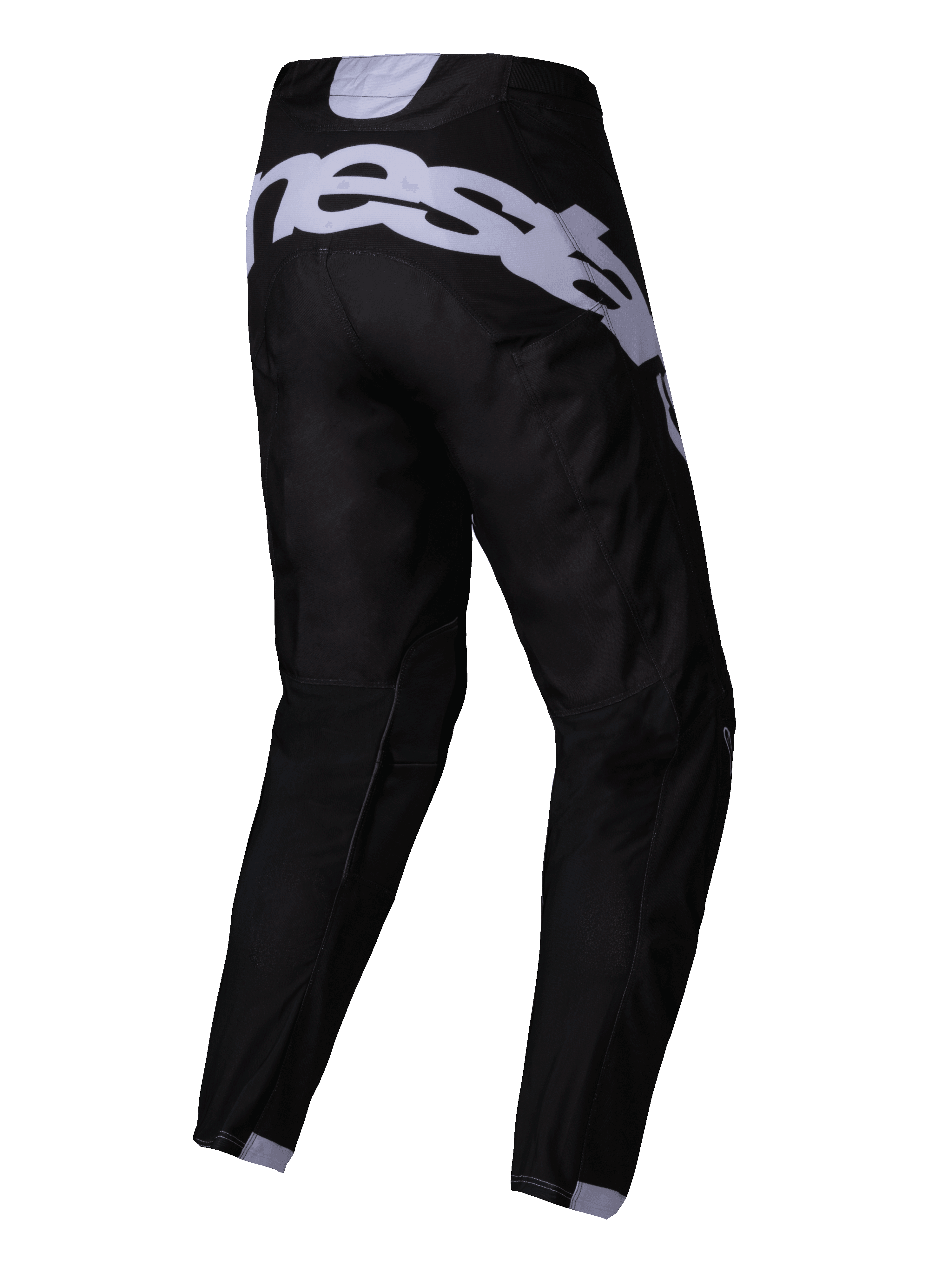Pantalon Alpinestars Racer Graphite 2025, pantalon de motocross, noir et gris, vue arrière avec un grand logo gris sur l'assise, jambes pré-cintrées et tissu technique durable pour la course tout-terrain
