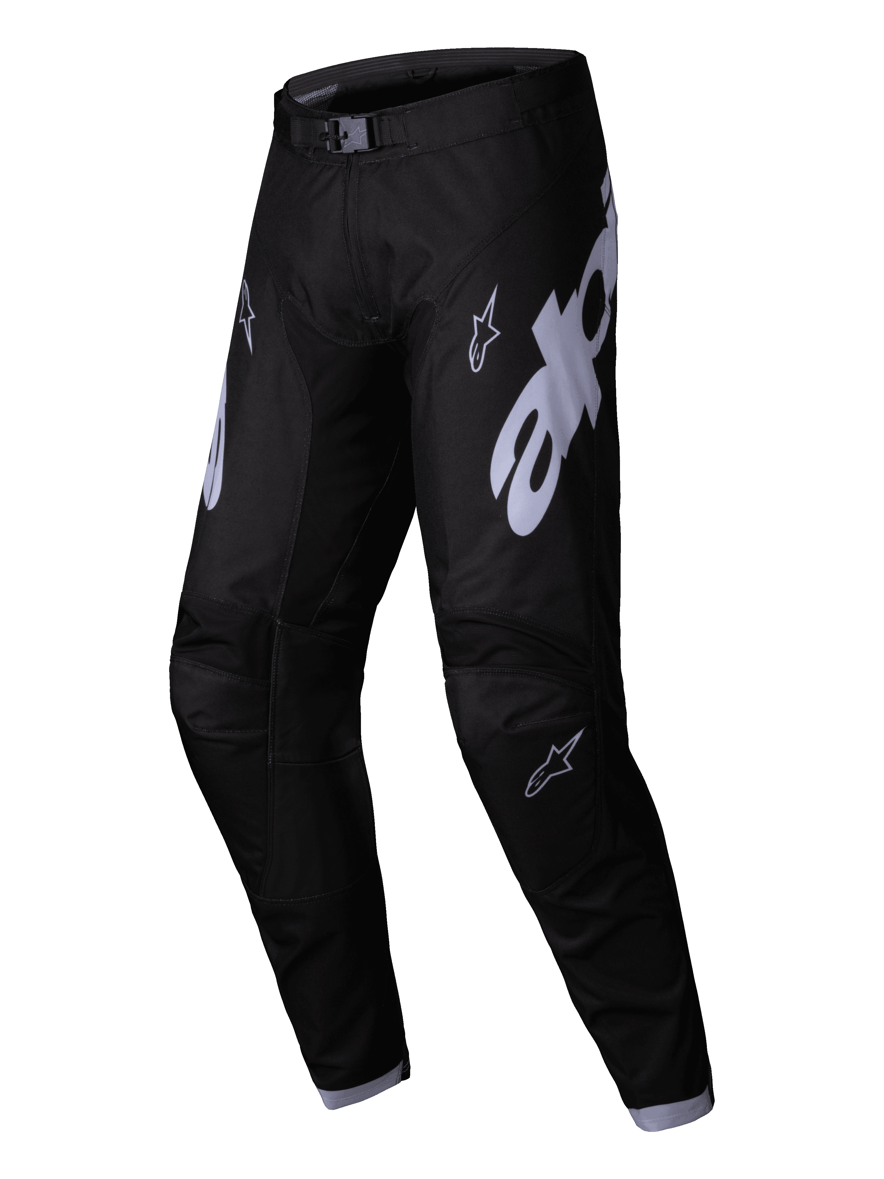 Alpinestars Pantalon Racer Graphite 2025, pantalon de motocross, noir et gris, avec de grands logos Alpinestars gris sur les cuisses, une conception de jambes pré-cintrées et une boucle de taille magnétique pour la performance en course tout-terrain