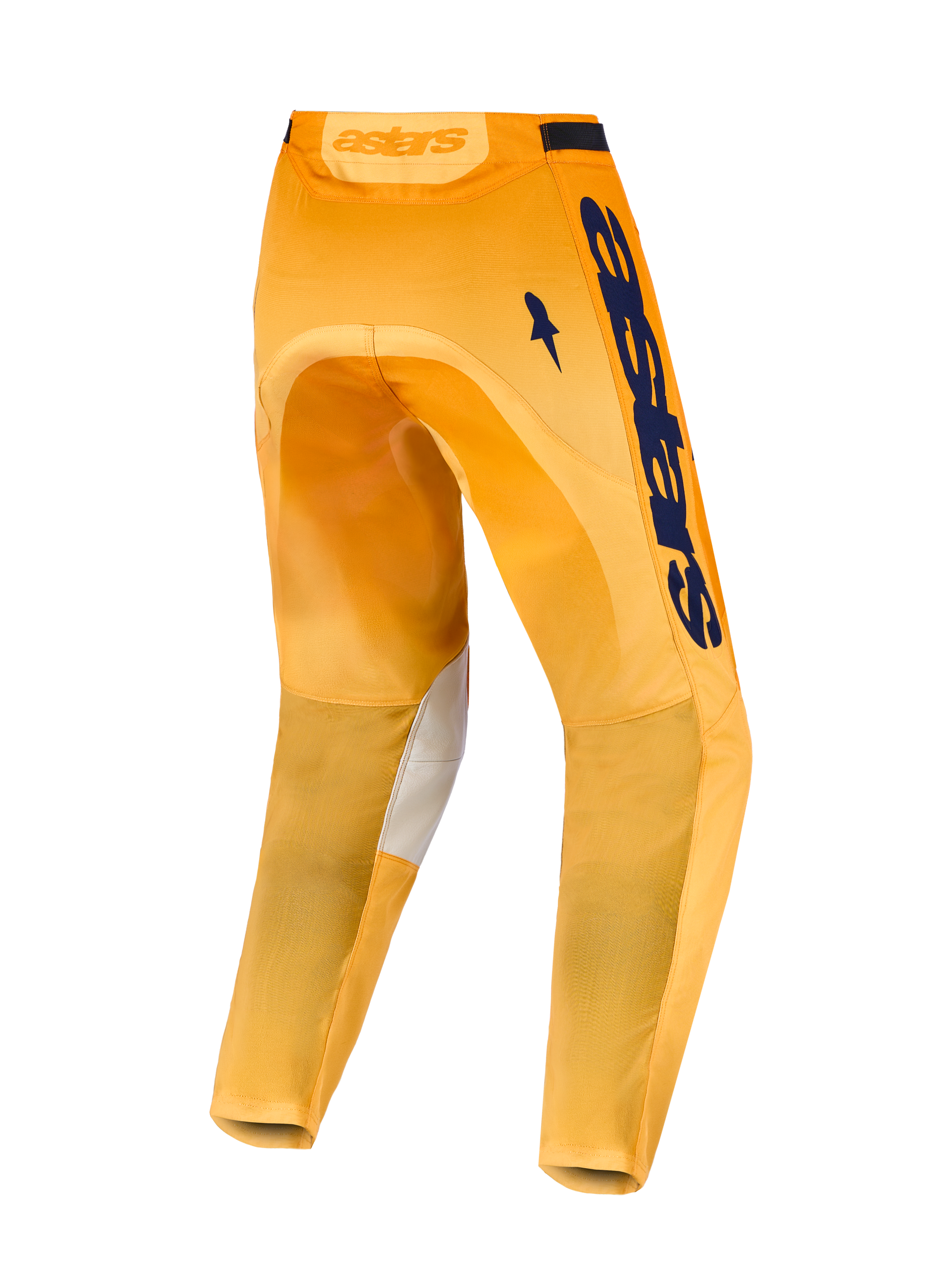 Alpinestars 2027 Racer Amber Motocross-Hose, Rückansicht in Orange und Blau, Knieinnenseiten aus Leder.