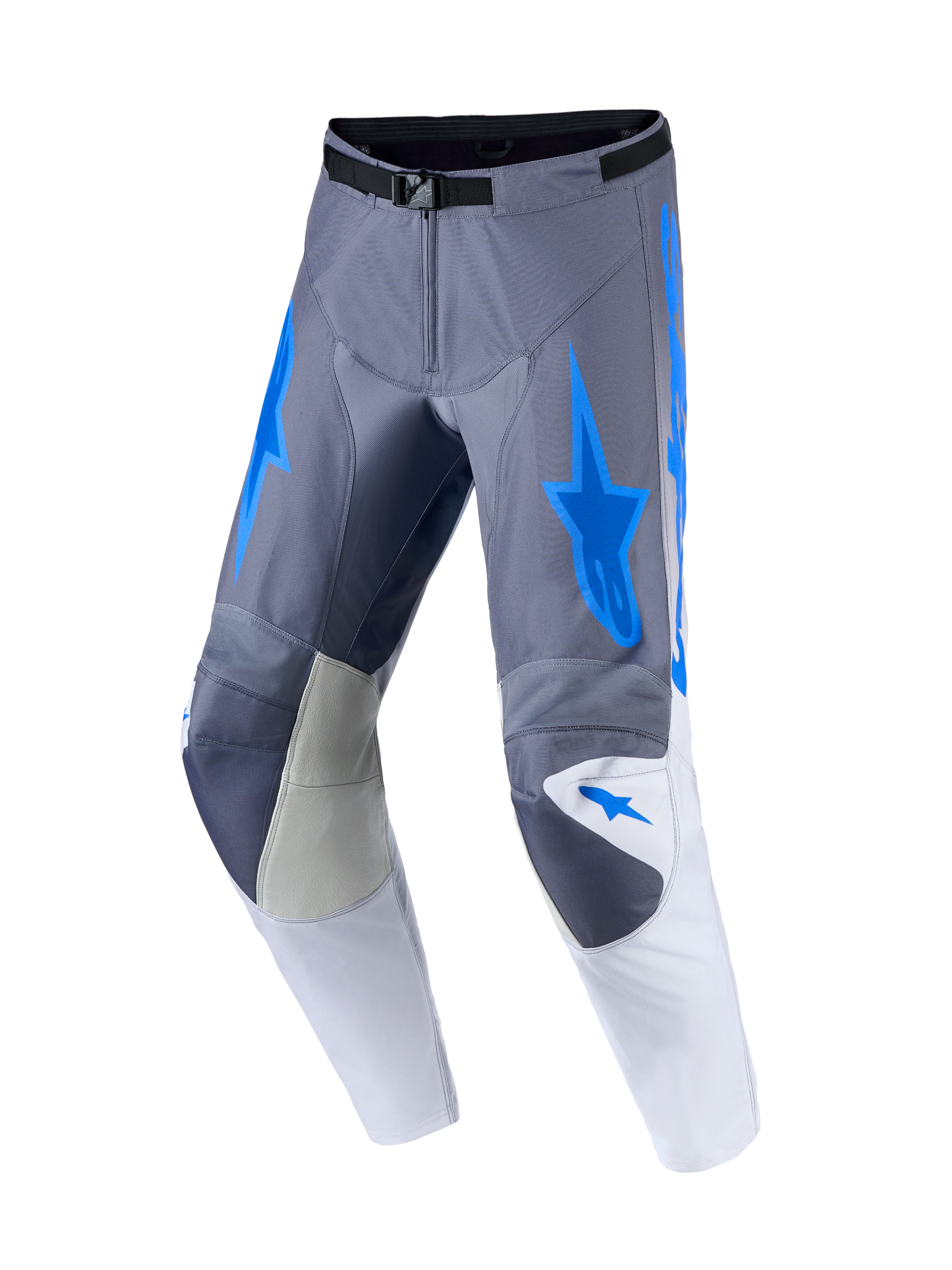 Alpinestars Racer Amber broek, heren motocrossbroek in grijs en blauw met lederen kniepanelen en versterkte zones.