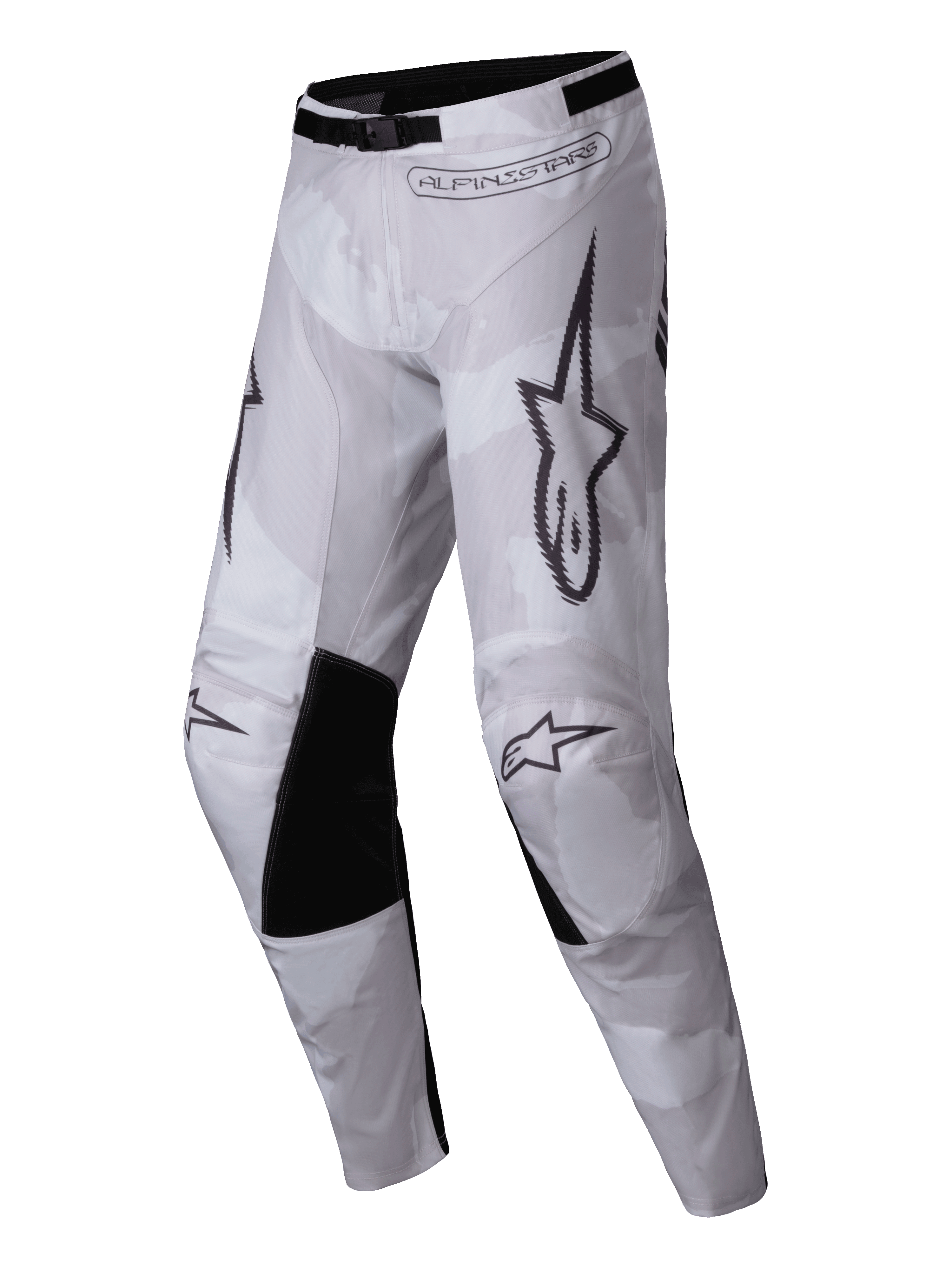 Alpinestars 2025 Racer Hollow broek, motorcrossbroek, Light Camo Brown, met een licht camouflagepatroon, zwarte binnenkniepanelen, opvallende Alpinestars-branding en een verstelbare gespsluiting in de taille voor off-road racen
