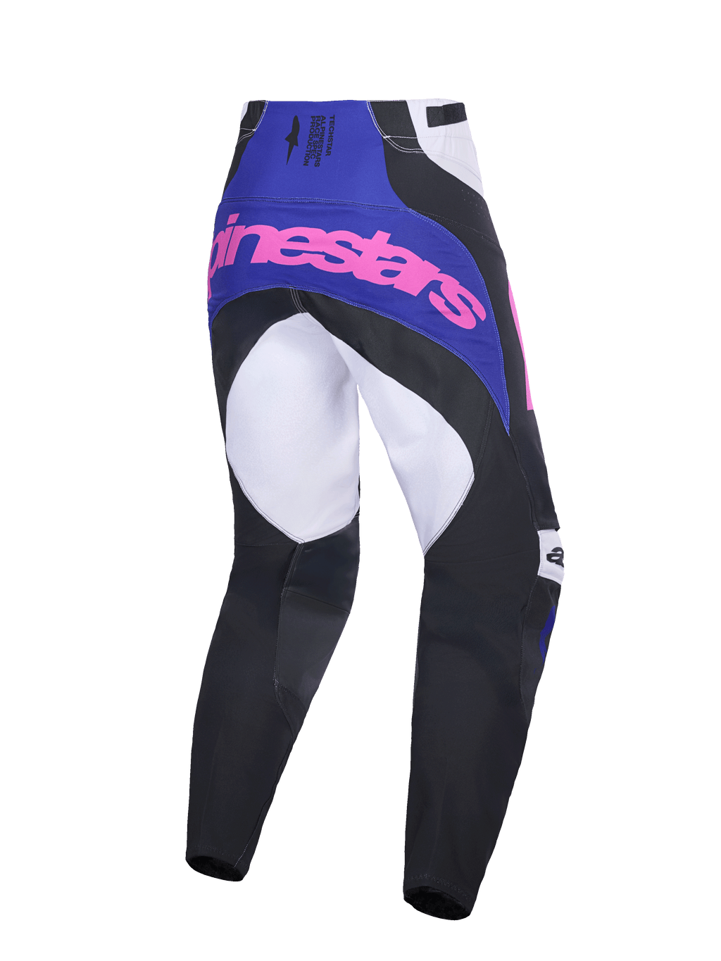 Alpinestars 2026 Techstar Knif Hose, Motocross-Hose, Schwarz, Hellgrau und Lila mit pinkem Branding, Rückansicht mit Multi-Panel-Konstruktion, lila Joch mit pinkem Logo und verstärktem Sitzbereich für den Offroad-Rennsport