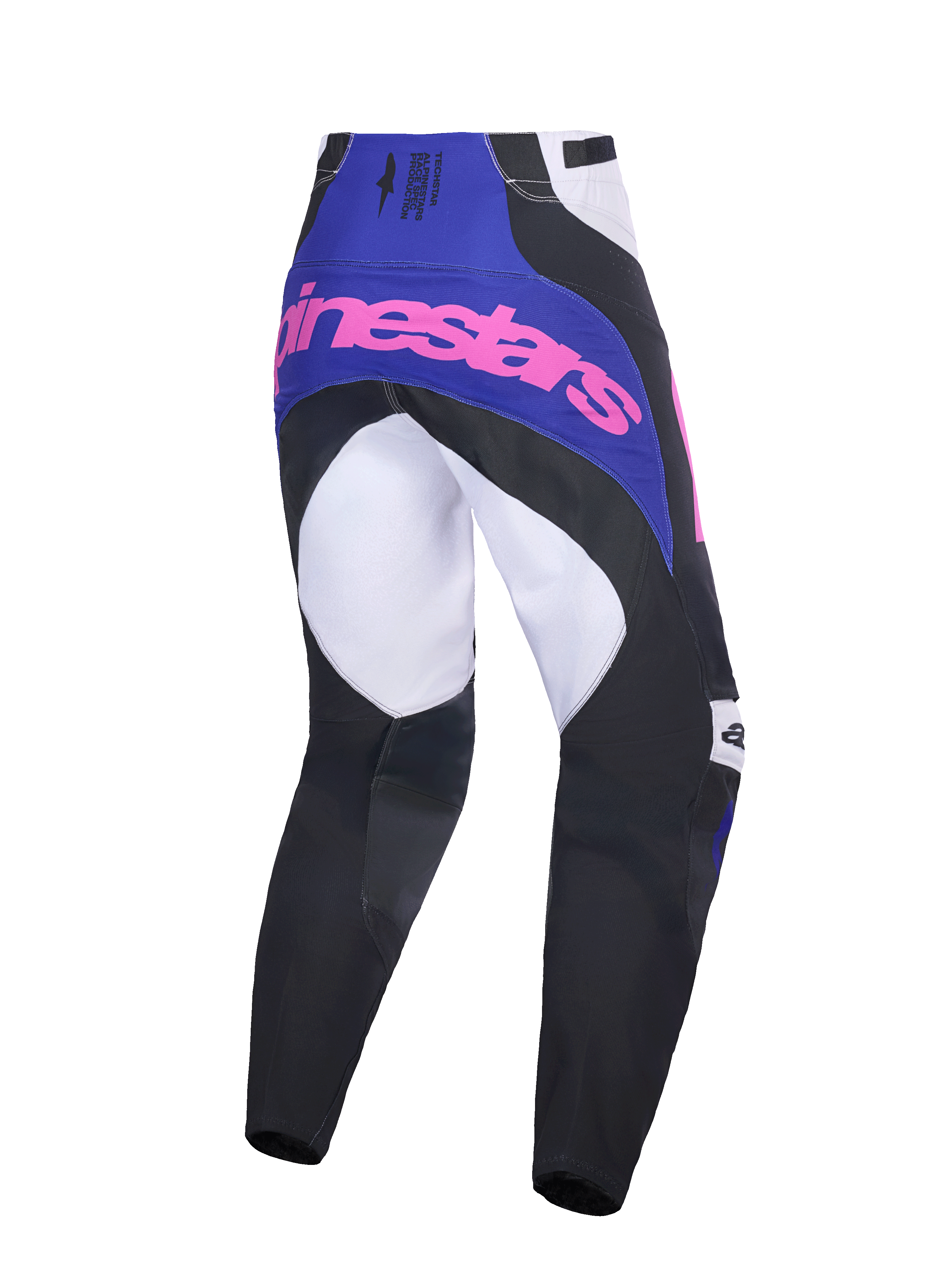 Alpinestars 2026 Techstar Knif Hose, Motocross-Hose, Schwarz, Hellgrau und Lila mit pinkem Branding, Rückansicht mit Multi-Panel-Konstruktion, lila Joch mit pinkem Logo und verstärktem Sitzbereich für den Offroad-Rennsport
