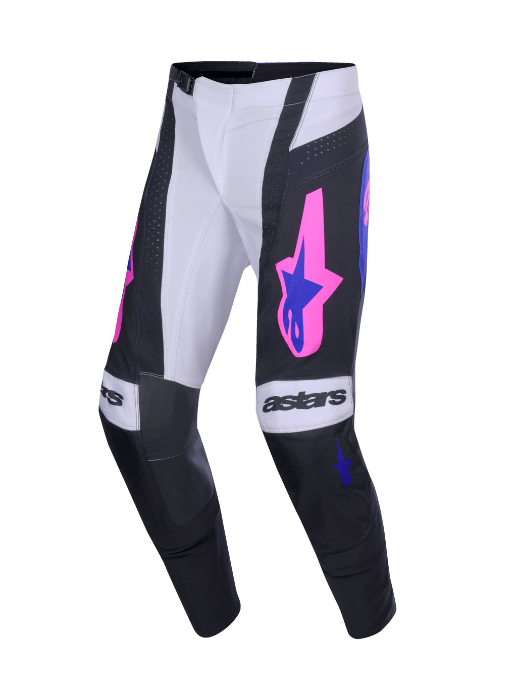 Alpinestars 2026 Techstar Knif Hose, Motocross-Hose, Schwarz und Hellgrau mit lila und leuchtend pinken Akzenten, auffälliges „astars“-Branding auf den Knien, Stern-Logos auf den Oberschenkeln, ergonomischer Rennschnitt für Performance-Offroad-Fahrten.