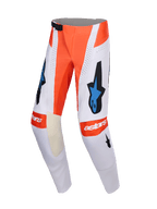 Alpinestars 2026 Techstar Knif broek, motorcrossbroek, lichtgrijs en fluo oranje met blauwe en zwarte accenten, voorzien van blauwe Astars-logo's, geperforeerde panelen voor ventilatie en een veilige magnetische taillesluiting, professionele off-road racekleding