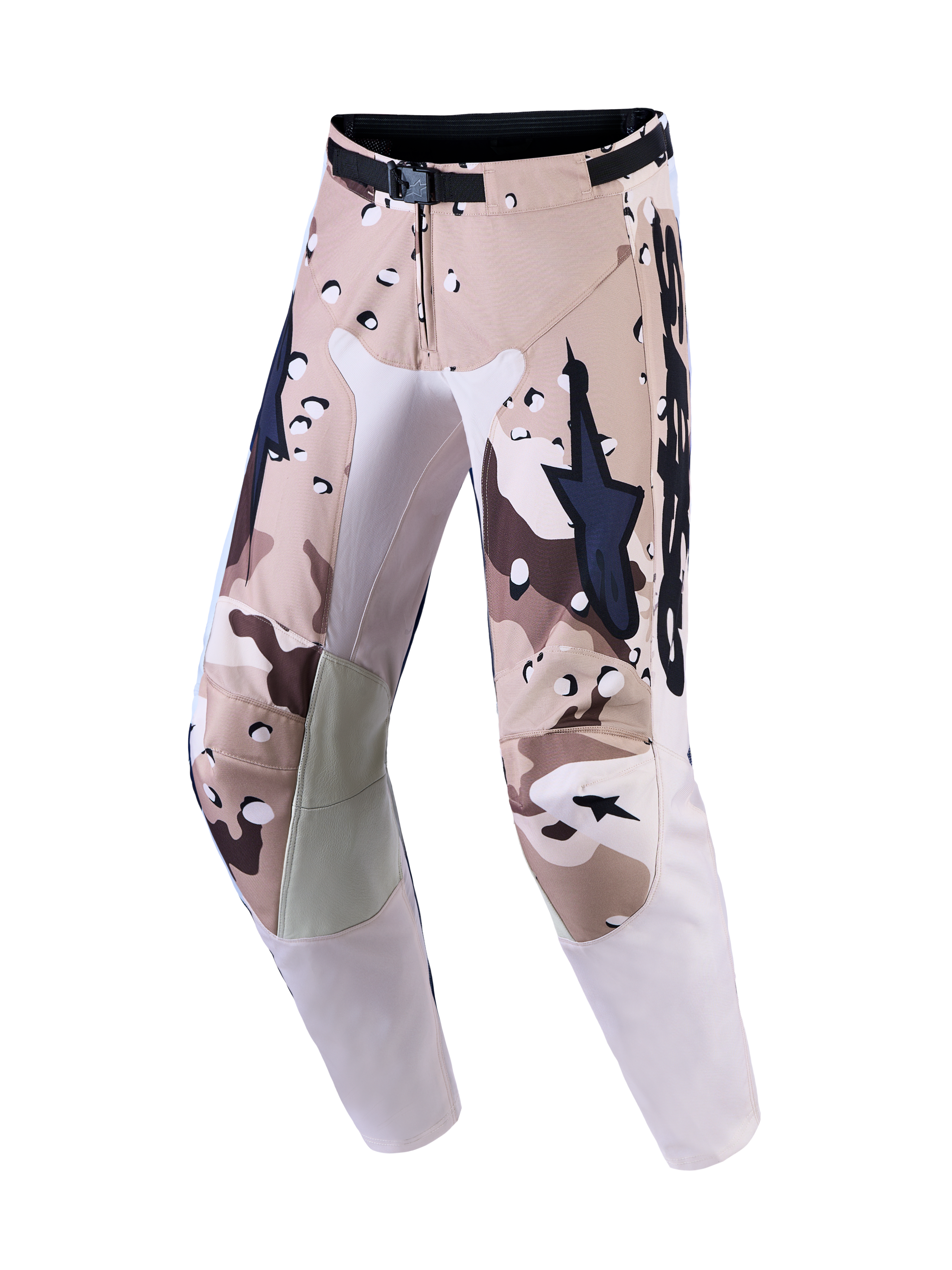 Alpinestars Racer Lone motocrossbroek in desert camo en zwart, met leren knieën en magnetische taillesluiting.