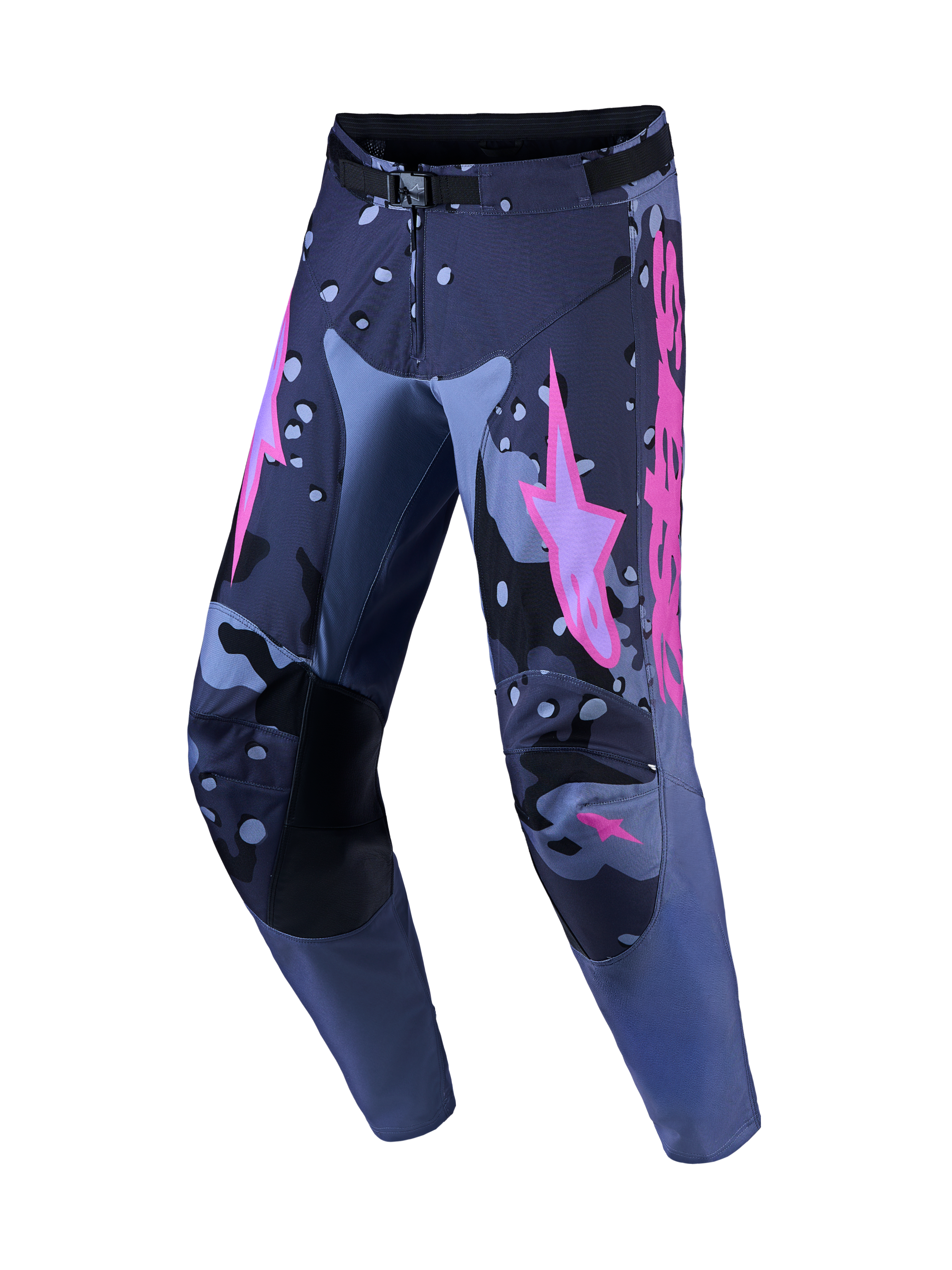 Alpinestars Racer Lone Motocross Pants in gray camo and purple, featuring durable polyfabric and pre-curved legs.