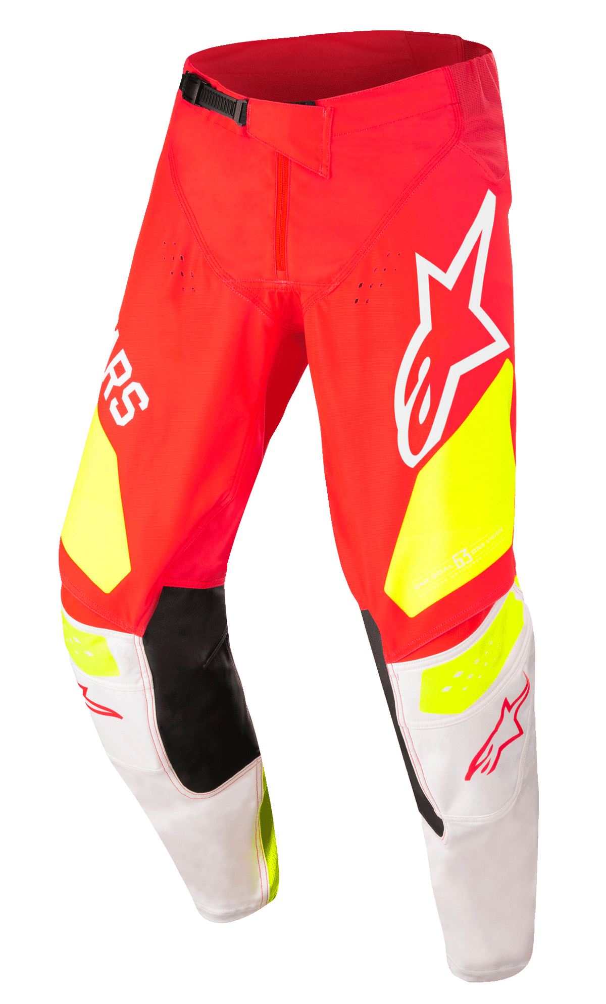 Alpinestars Techstar Factory Hose, Motocross-Rennsport-Hose, Rot mit fluoreszierend gelben und weißen Akzenten, mit schwarzen Knie-Innenpaneelen, großen Alpinestars-Logos, perforierten Belüftungsöffnungen und einer schwarzen verstellbaren Taillenschnalle.