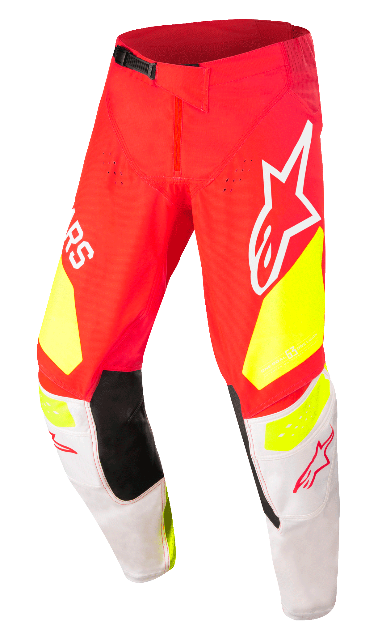 Alpinestars Techstar Factory Pants, pantalon de motocross, rouge avec accents jaune fluo et blanc, panneaux intérieurs noirs aux genoux, grands logos Alpinestars, perforations pour la ventilation et boucle de taille réglable noire