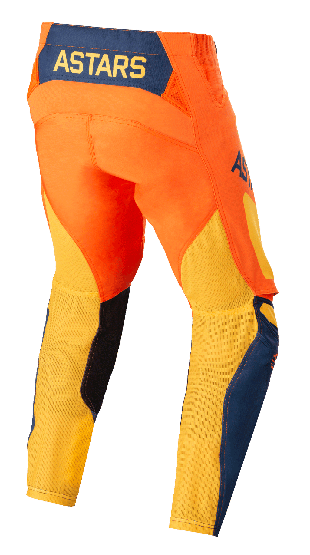 Pantalon Alpinestars Techstar Factory, pantalon de motocross, orange, bleu foncé et jaune chaud, vue arrière présentant le logo ASTARS jaune sur un panneau arrière bleu foncé, châssis orange vif avec mesh jaune respirant sur le bas des jambes et accents bleus
