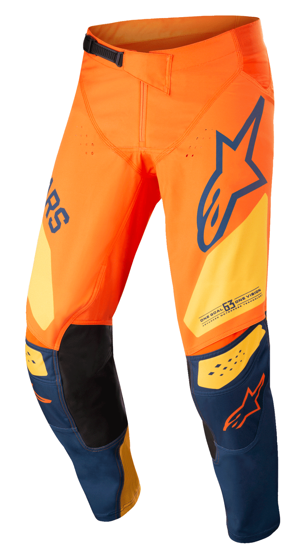 Pantalon Alpinestars Techstar Factory, pantalon de motocross, orange et bleu foncé avec jaune chaud, doté d'un logo audacieux, d'une construction de genou 3D Babel avec empiècements internes en cuir noir et d'un système de fermeture à cliquet réglable à la taille pour la course tout-terrain.