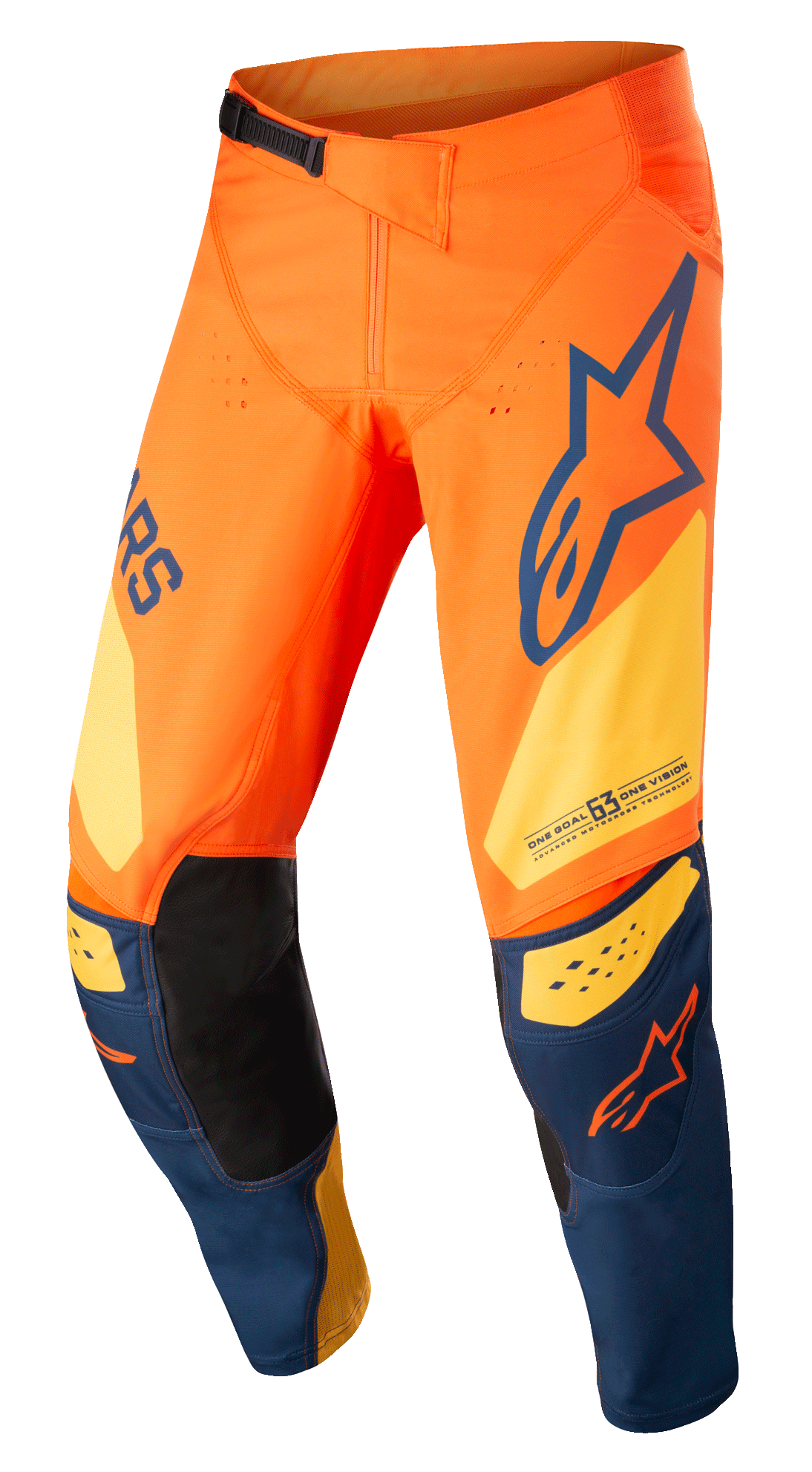 Pantalon Alpinestars Techstar Factory, pantalon de motocross, orange et bleu foncé avec jaune chaud, doté d'un logo audacieux, d'une construction de genou 3D Babel avec empiècements internes en cuir noir et d'un système de fermeture à cliquet réglable à la taille pour la course tout-terrain.