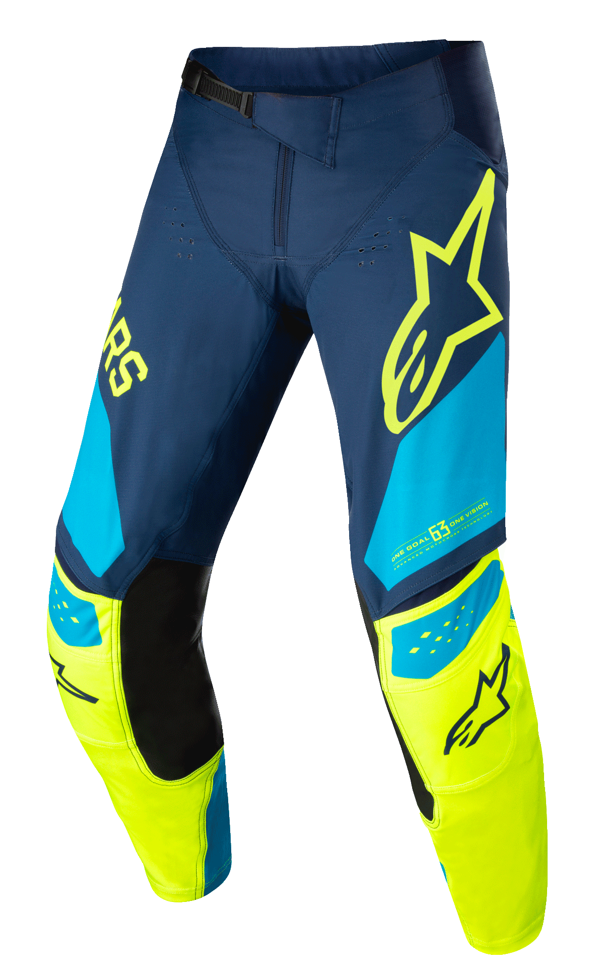 Alpinestars Techstar Factory Hose, Motocross-Hose, Dunkelblau, Neongelb und Hellblau, mit schwarzen Knie-Innenseiten, gelbem Stern-Logo am Oberschenkel, „ONE GOAL ONE VISION“-Branding und perforierten Belüftungszonen für Offroad-Performance
