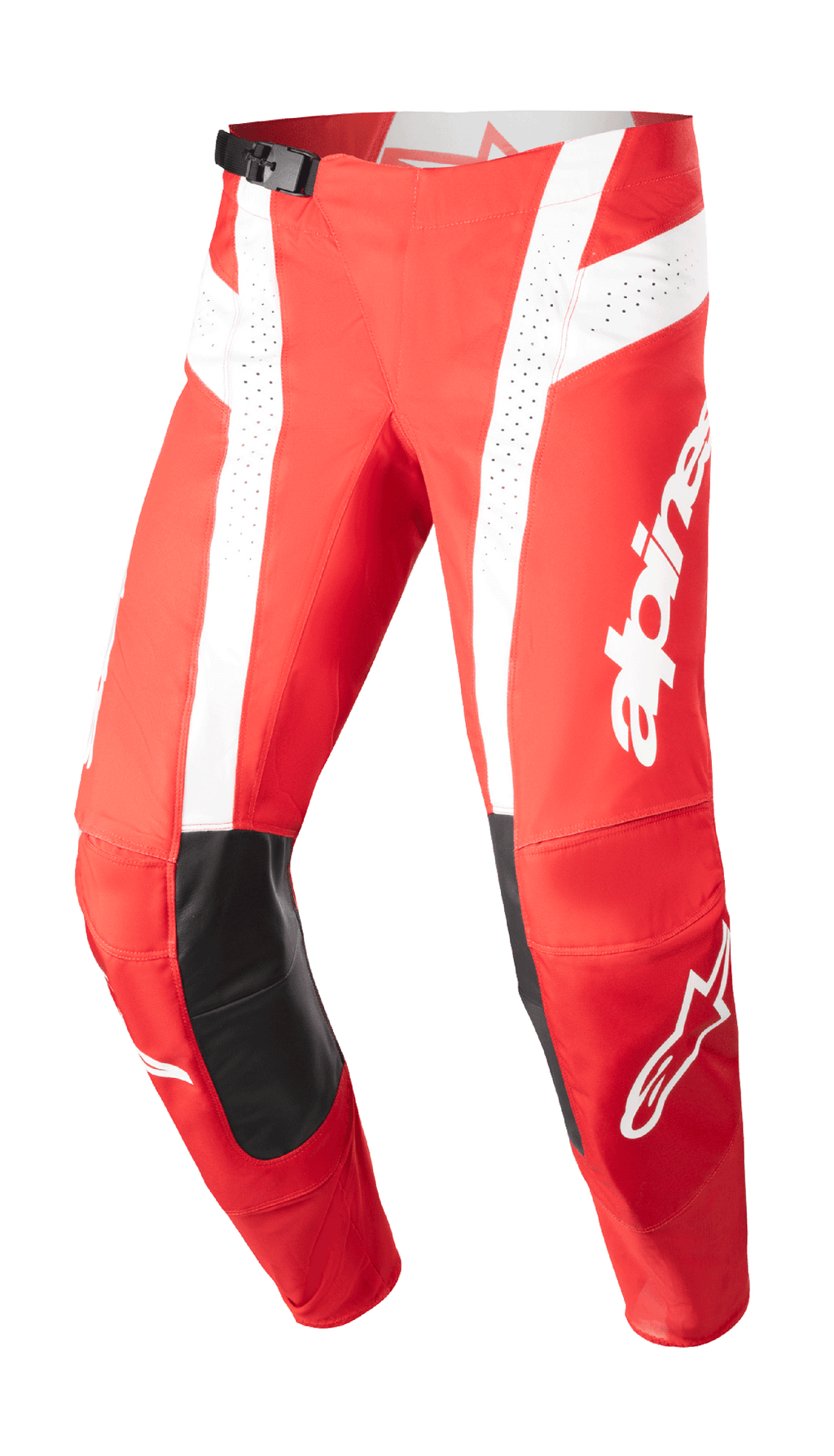 Alpinestars 2023 Techstar Arch broek, motorcross racebroek, Mars rood en wit, zwarte lederen kniestukken, geperforeerde ventilatiepanelen, verstelbare gespsluiting in de taille, performance off-road uitrusting