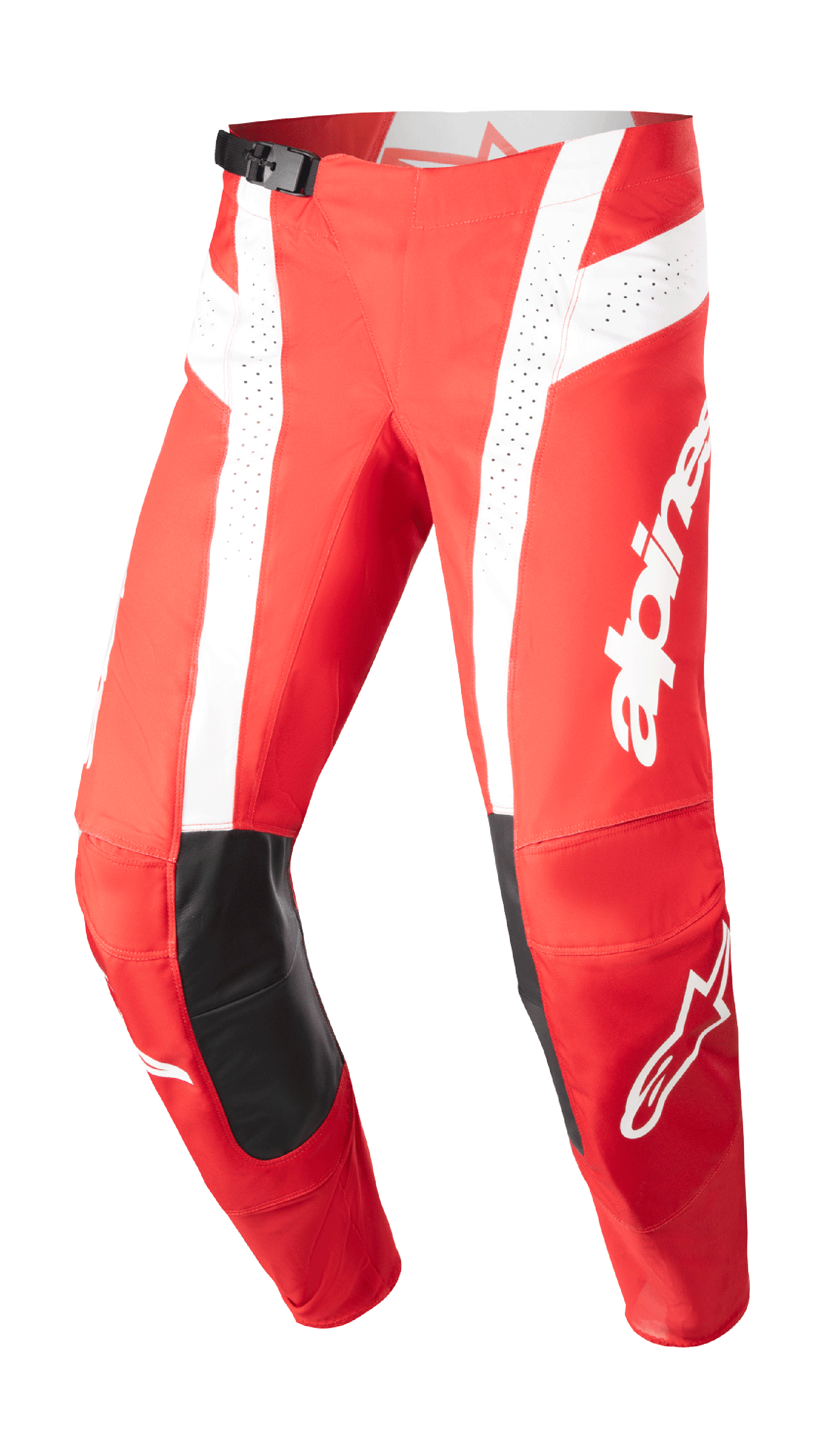 Pantalon Alpinestars 2023 Techstar Arch, pantalon de course de motocross, rouge Mars et blanc, renforts aux genoux en cuir noir, panneaux de ventilation perforés, boucle de taille ajustable, équipement tout-terrain haute performance